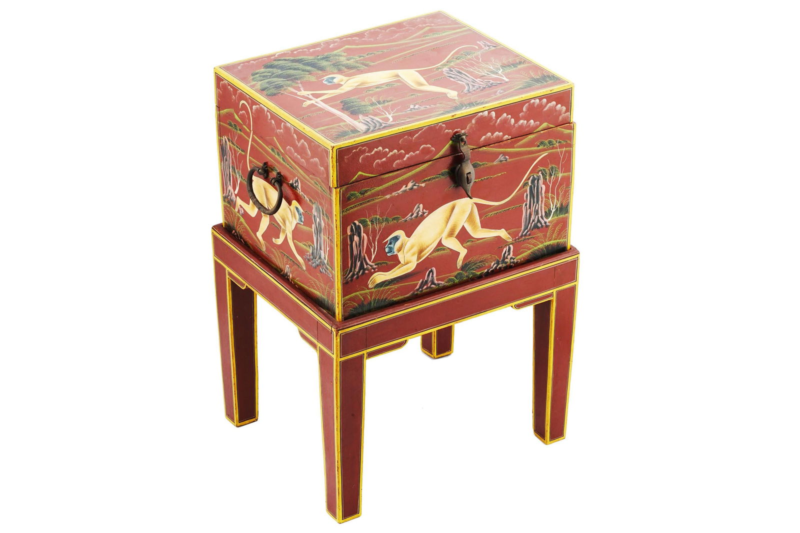 Wooden Lidded Cabinet Box Adorned With Oriental Folk Art, Hand Painted Rajasthan Monkeys, Vintage: Dimensions, 21 x 14.75 x 12.75 inches, All measurements are approximate. Surface wear and aging, Sold as is. A small vintage wooden lidded cabinet box adorned with intricate hand painted artwork depic