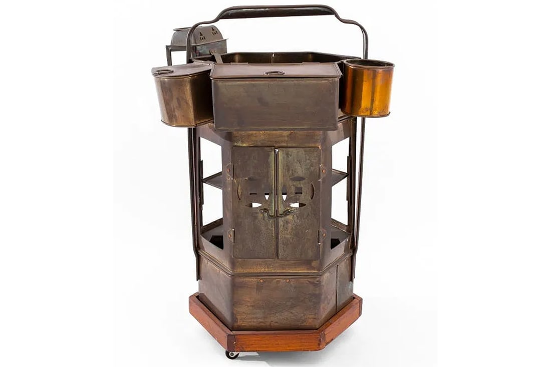 Vintage 1930s Chinese Brass Noodle Cart, Dim Sum Cooker Cart For Street Food Market, Hexagonal Shape: Dimensions, 23.75 x 14.5 x 13.75 inches, All measurements are approximate. Provenance: From a 50 Madison Avenue estate. Item is in a good antique condition with obvious signs of age and wear. Please r