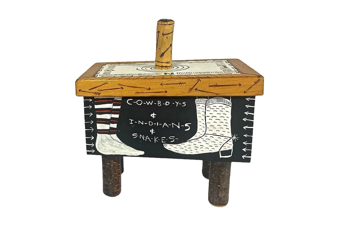 Richard Kooyman, A 1987 Handmade Birch Box With All Around Paintings, Folk Americana Art, Cowboys: Dimensions 8 H x 7 W x 4.75 D inches. All measurements are approximate. Sold as pictured. Surface Wear and Aging. Richard Kooyman, A 1987 Handmade Birch Box With All Around Paintings, Folk Americana A