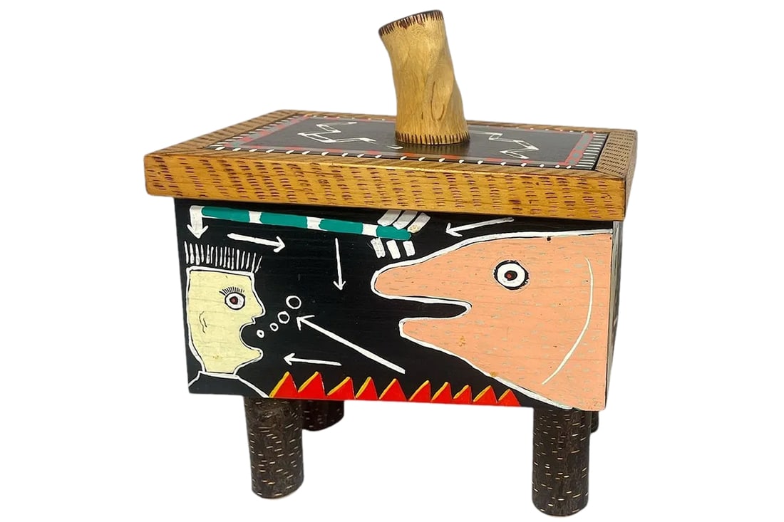 Richard Kooyman, A 1987 Handmade Birch Box With All Around Paintings, Folk Americana Art, Cowboys: Dimensions 9.5 H x 8 W x 5.5 D inches. All measurements are approximate. Sold exactly as pictured. Surface wear and aging. Richard Kooyman, A 1980s Handmade Birch Box With All Around Paintings, Folk A