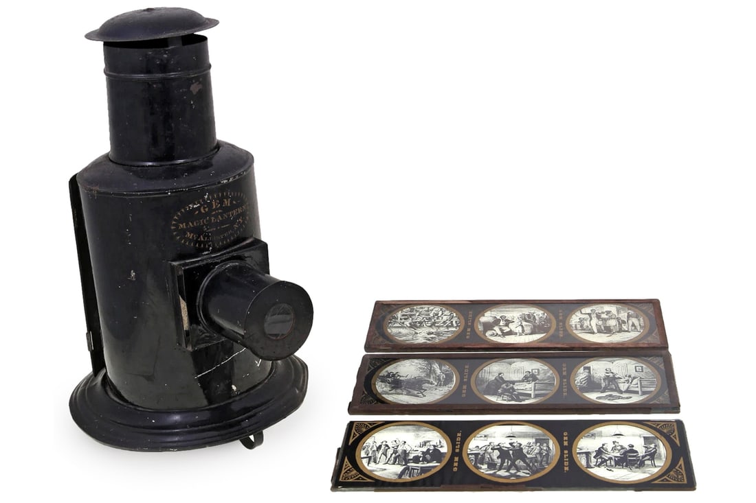 Antique 1864 GEM Magic Lantern Projector McAllister NY And Three Glass Slides With Three Vignettes (1 of 8)