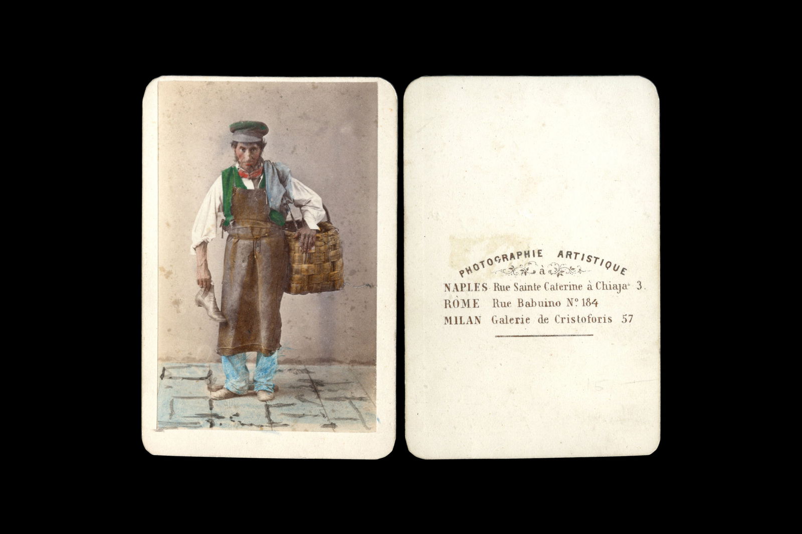 Italy 1870s, Hand Colored Carte De Visite, Male Shoe Repairs Street Vendor, Naples Folk Clothes: Dimensions: 2.5 x 3.9 inches. All measurements are approximate. Sold Exactly As Pictured. Antique 19th Century Photography Art, Italy 1860s Or 1870s, A Hand Colored Carte De Visite With A Male Street