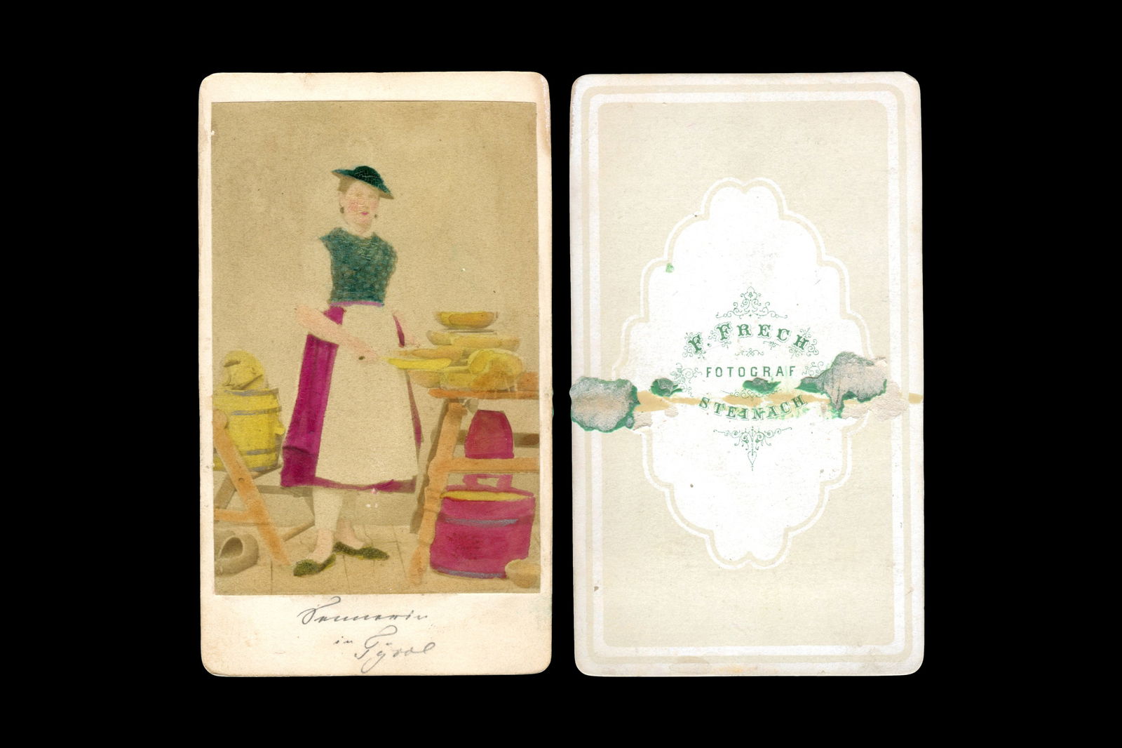 Antique 1870s Carte De Visite By F Frech Steinach With A Cheese Seller, A Lady In Tirol Clothes Alps: Dimensions: 2.5 x 3.9 inches. All measurements are approximate. Sold Exactly As Pictured. Antique 1870s Carte De Visite By F Frech Steinach With A Cheese Seller, A Lady In Tirol Clothes, Alps Mountain