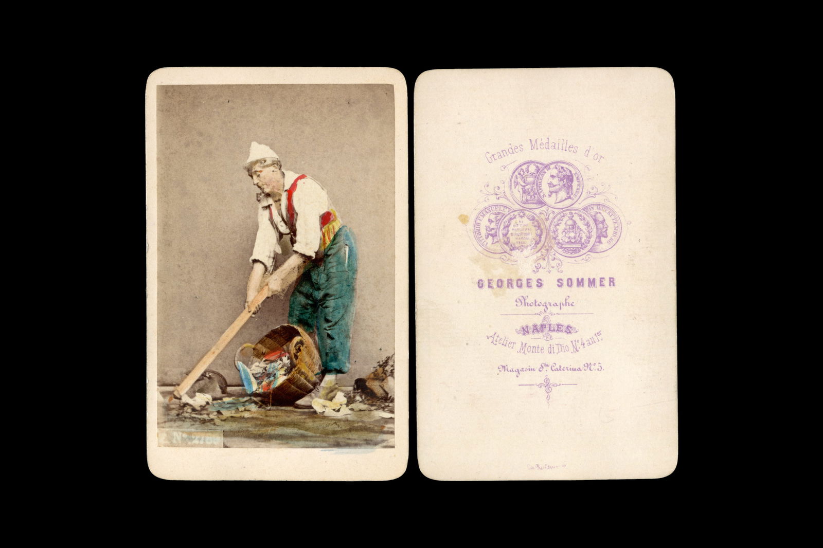 Italy 1870s, Hand Colored Carte De Visite, Street Sweeper Man, Naples Folk Clothes By Giorgio Sommer: Dimensions: 2.5 x 3.9 inches. All measurements are approximate. Sold Exactly As Pictured.Antique 19th Century Photography Art, Italy 1860s Or 1870s, A Hand Colored Carte De Visite With A Street Sweepe