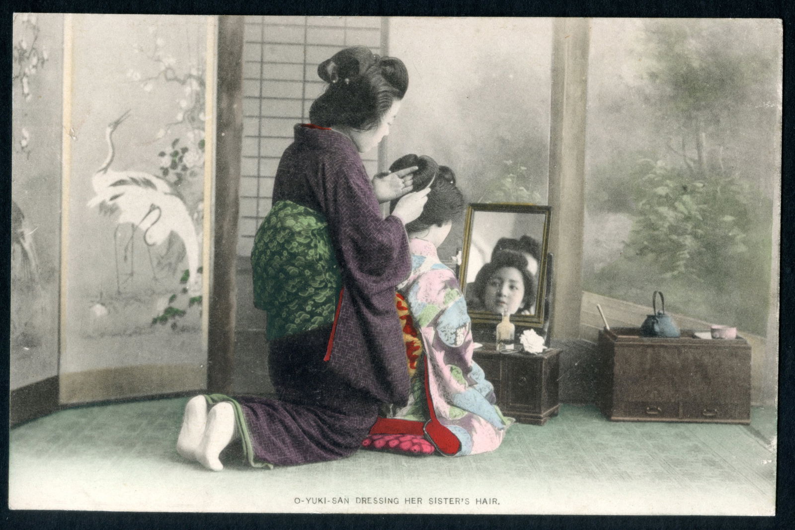 Uncirculated Postcard From Meiji Japan, Early 20th Century Hand Colored Postal Memorabilia, NOS: Dimensions 5.5 x 3.5 inches. All measurements are approximate. Sold Exactly As Pictured. NOS. Uncirculated Postcard From Japan, Early 20th Century Hand Colored Postal Memorabilia, OkikuSan And AyameSa