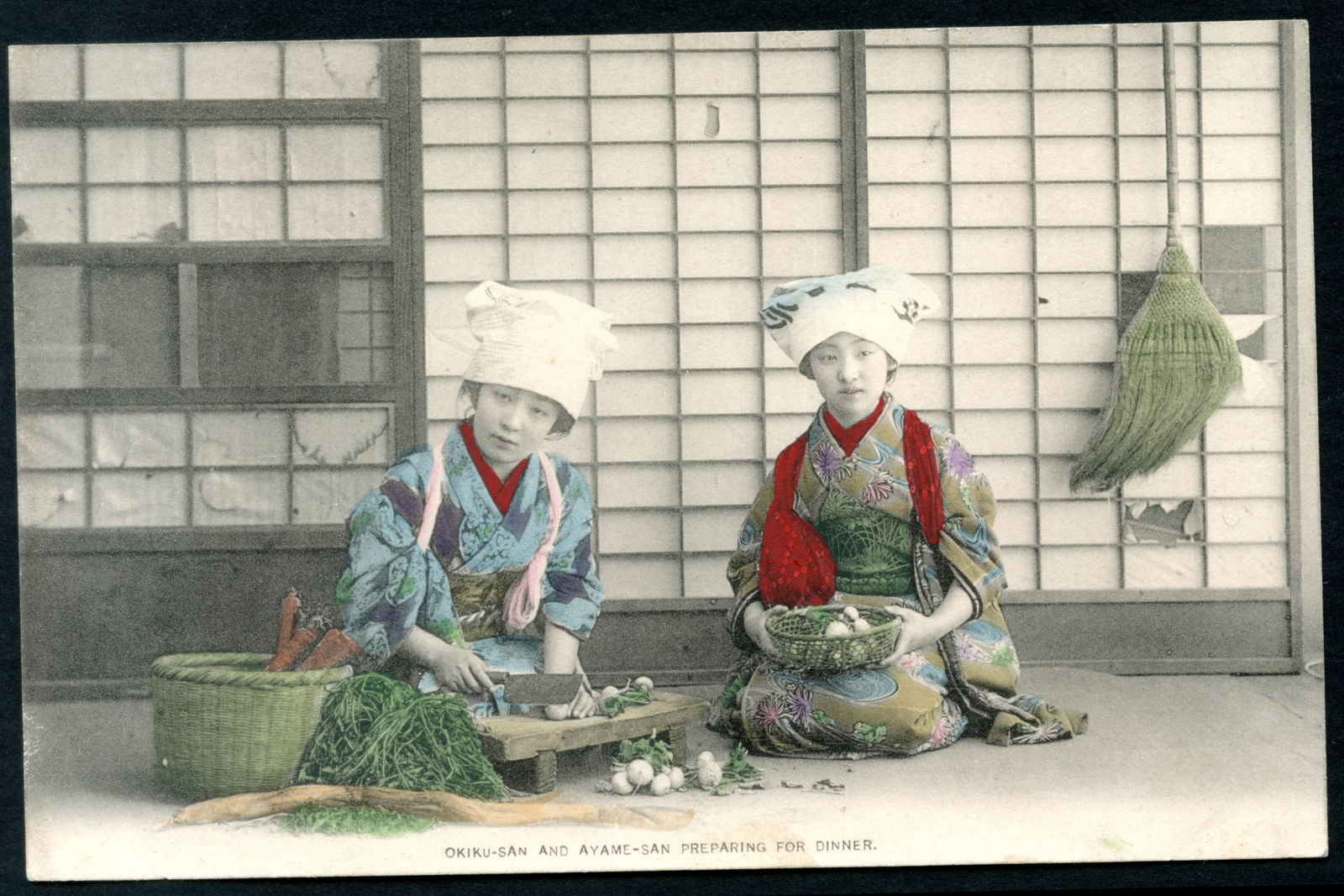 Uncirculated Postcard From Meiji Japan, Early 20th Century Hand Colored Postal Memorabilia, NOS: Dimensions 5.5 x 3.5 inches. All measurements are approximate. Sold Exactly As Pictured. NOS. Uncirculated Postcard From Japan, Early 20th Century Hand Colored Postal Memorabilia, OkikuSan And AyameSa