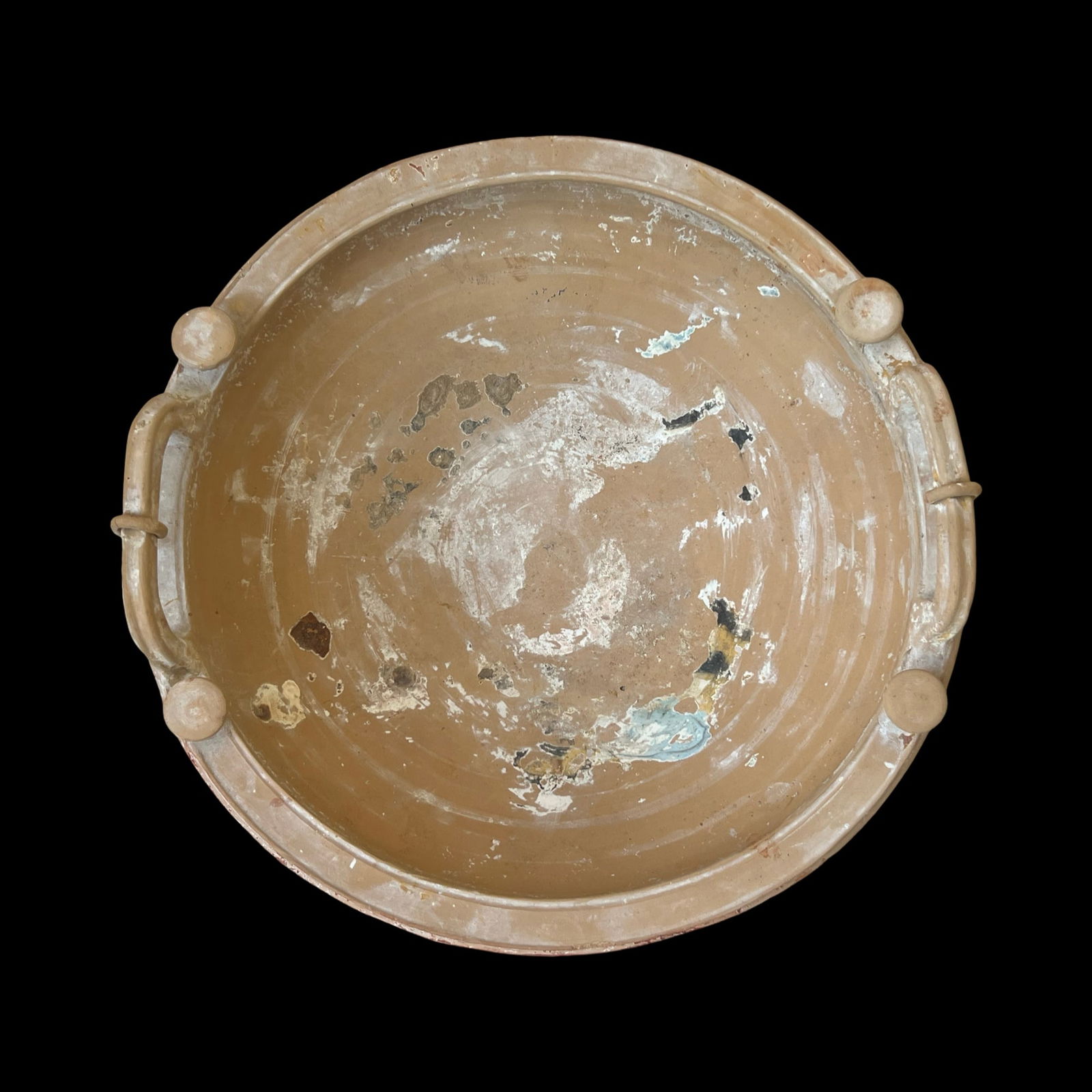Ancient Greek Hellenistic Terracotta Bowl With Two Handles, 15 in D. Antiquities And Collectibles: Ancient Mediterranean terracotta bowl—, (Hellenistic) dating to ca. 400–300 BCEA large terracotta bowl of broad, tapering form, rising from a small circular foot to a wide, flattened rim. The rim