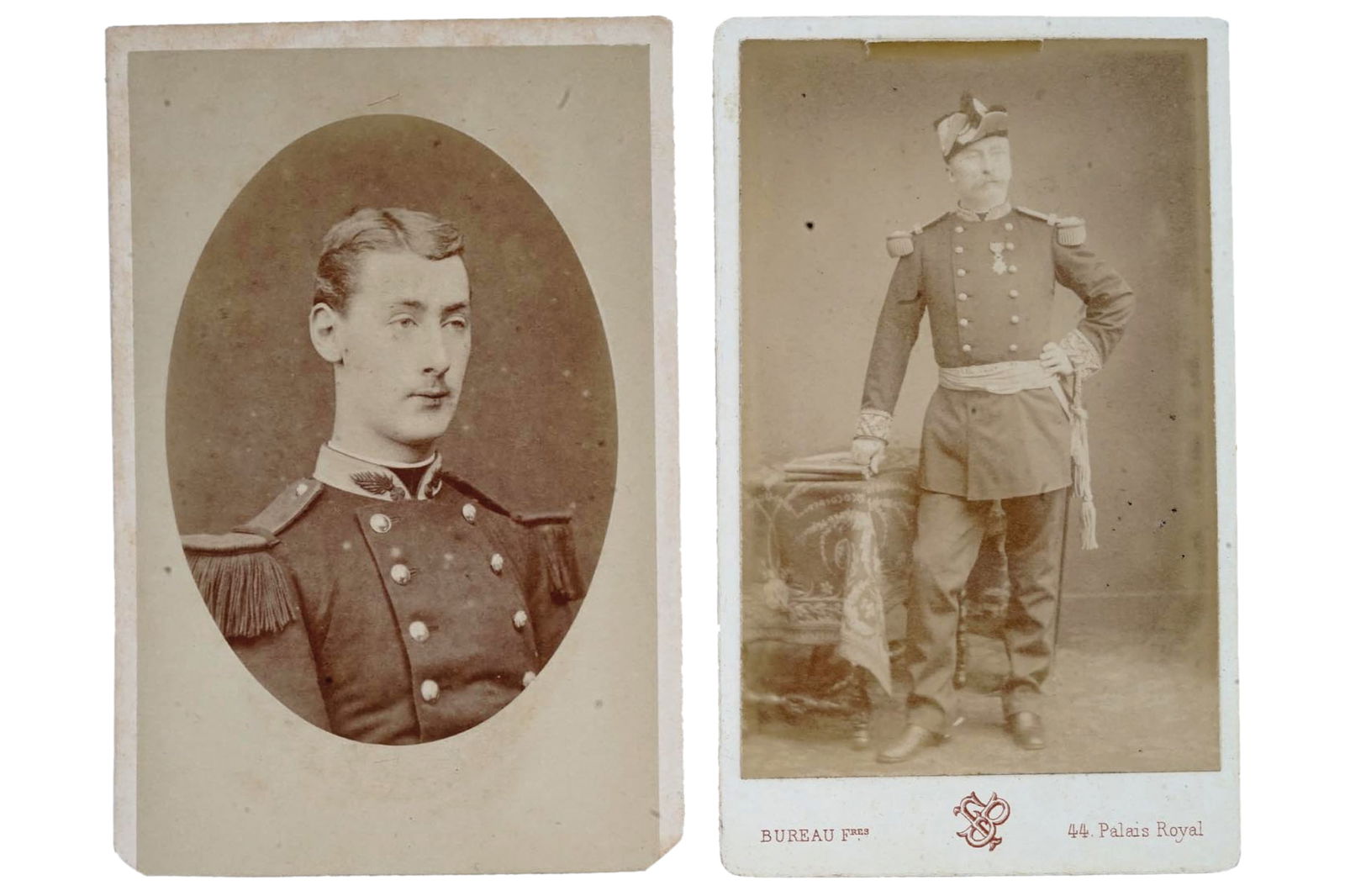 Antique 19th Century French Military Carte de Visite Photographs, Pair Of Cabinet Photo Portraits: Dimensions, Average 3.75 x 2.5 inches. All measurements are approximate. Sold Exactly As Pictured. A pair of antique late 19th-century French Original Carte de Visite Photographs, cabinet photo portra