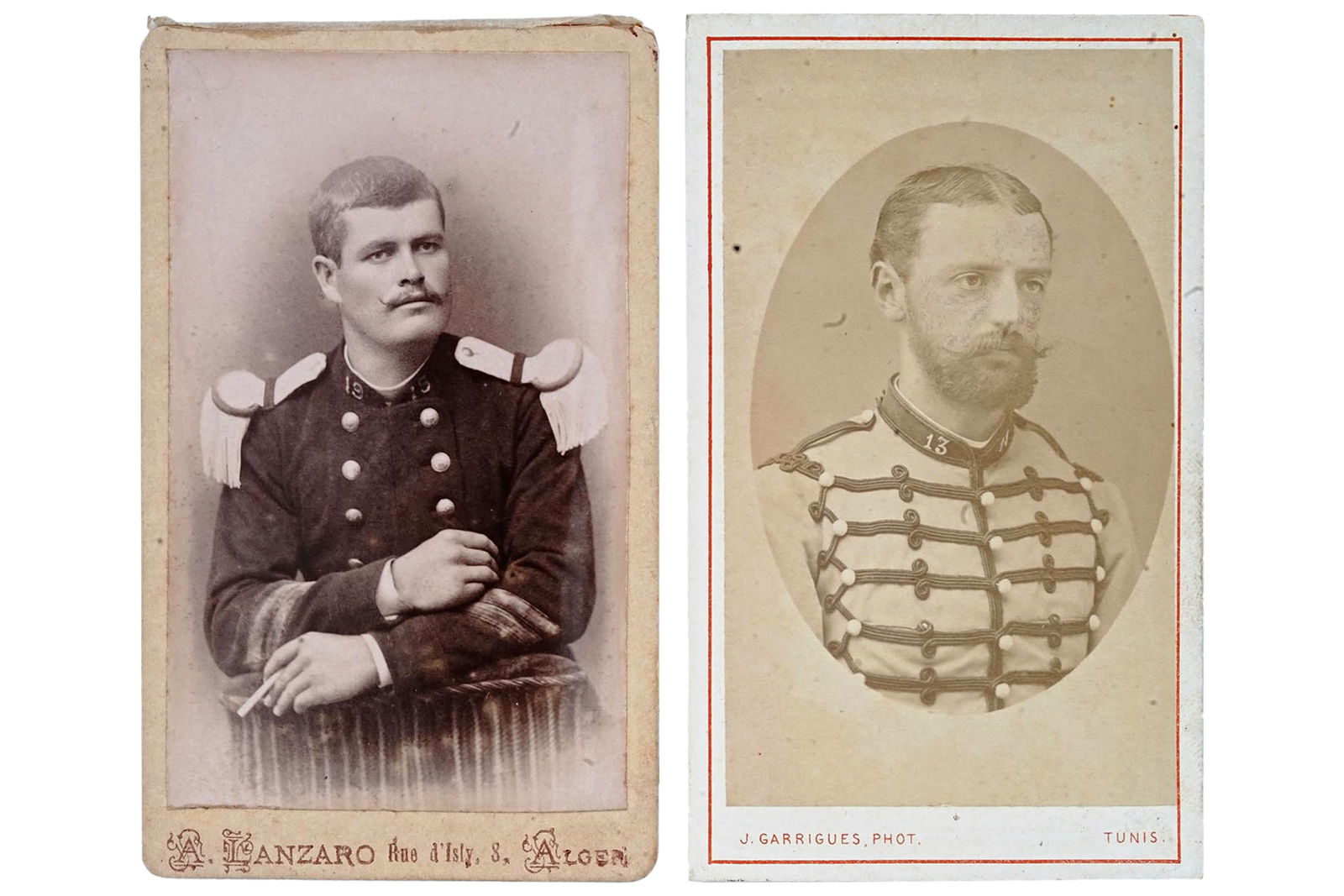 Antique 19th Century French Military Carte de Visite Photographs, Pair Of 1890s Cabinet Portraits: Dimensions, Average 4 x 2.5 inches. All measurements are approximate. Sold Exactly As Pictured. A pair of antique late 19th century French Original Carte de Visite Photographs, cabinet photo portraits