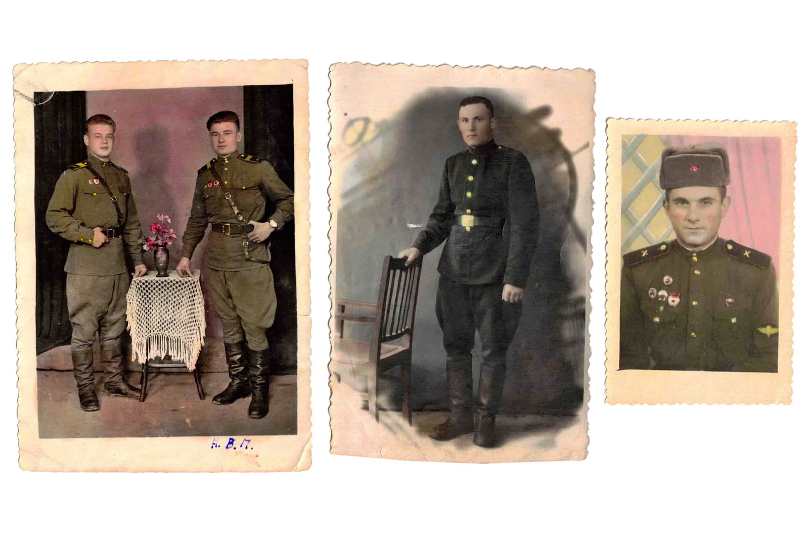 Original 1950s USSR Military Historical Documents, Photograph Depicting Soviet Soldiers With Notes: Dimensions, Largest Item 5 x 3.55 inches. All measurements are approximate. Surface wear and aging. Sold as pictured. A lot of three WWII Russian Soviet era hand tinted photos depicting portraits of s