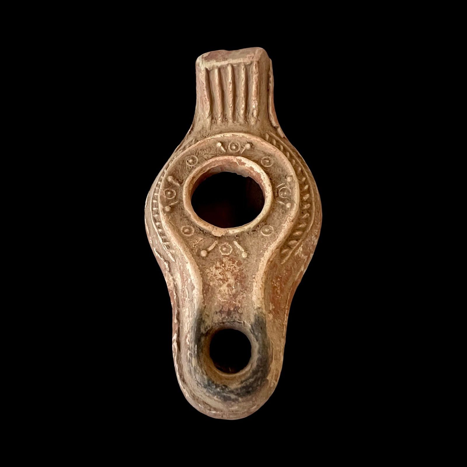 Ancient Byzantine Terracotta Oil Lamp with cross, ca 5th C AD. Antiquities And Collectibles, History: Byzantine Terracotta Oil Lamp, circa 5th–6th Century AD. A finely mould-made terracotta oil lamp of elegant ovoid form with pronounced carination. A raised moulded band encircles the filling apertur