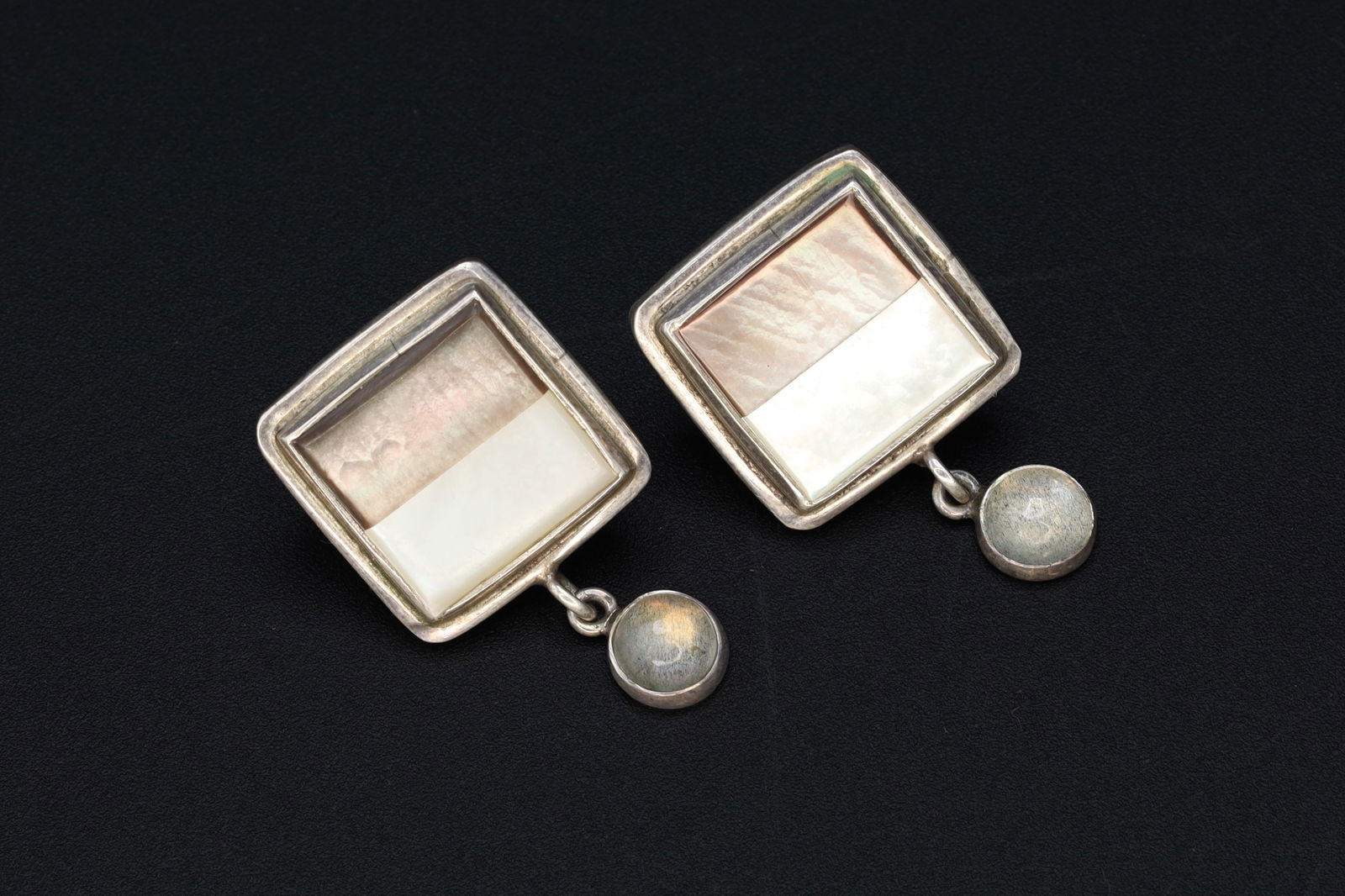 Rare 1960s GFMW Stud Earrings, Square 925 Sterling Silver With Mother Of Pearl Mosaic And Moonstone: Dimensions, 17 x 27 mm. All measurements are approximate. Some surface wear and aging. Sold as pictured. Rare 1960s GFMW Stud Earrings, Square 925 Sterling Silver With A Mother Of Pearl Mosaic And A M