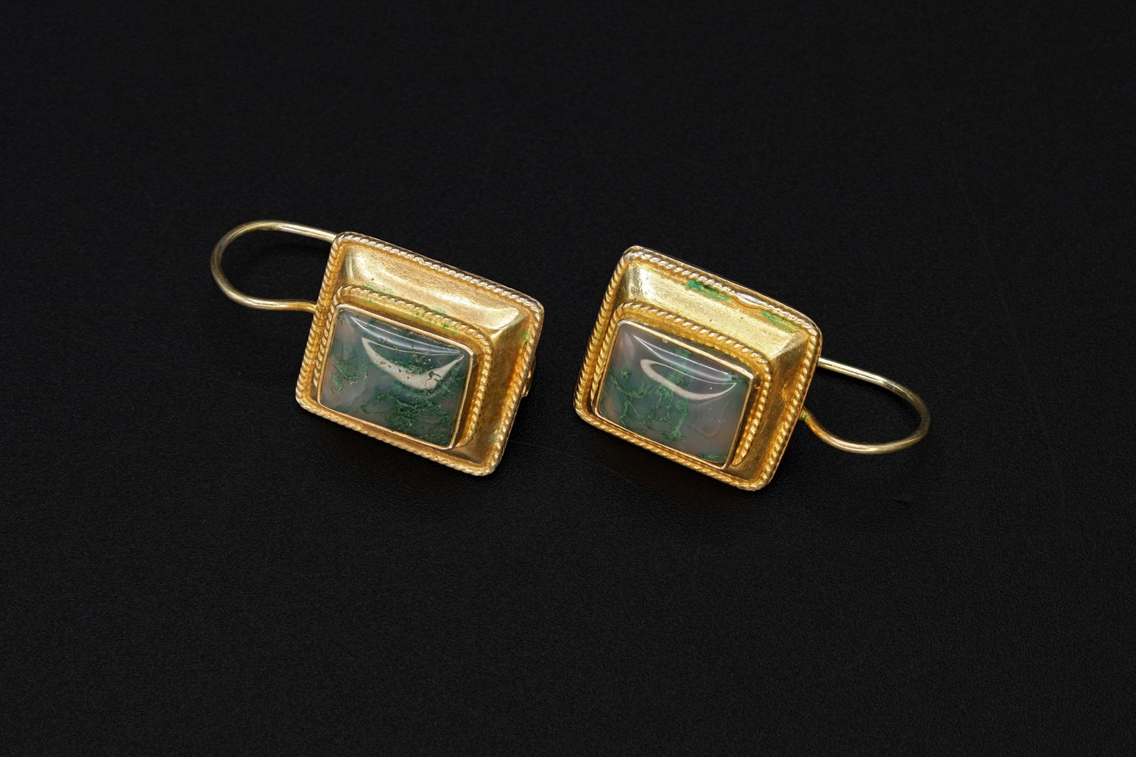 Art Deco Wire Drop Earrings, Gold Gilt Silver And Green Moss Agate Earrings, Vermeil Over Sterling (1 of 4)