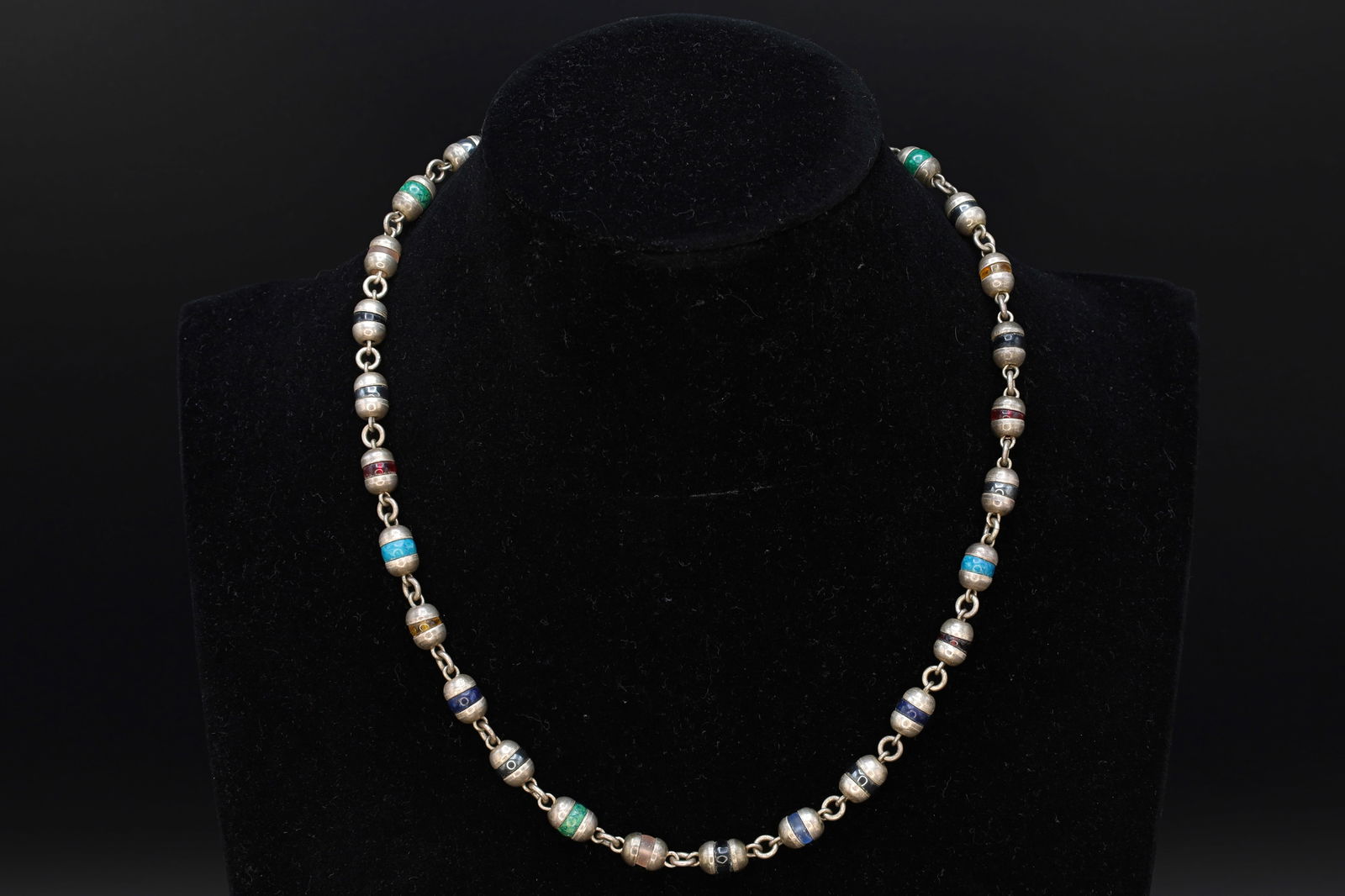 Taxco Mexico Necklace, 925 Sterling Silver Multi Color Round Cap End Capsule Link, Modernist Jewelry (1 of 6)