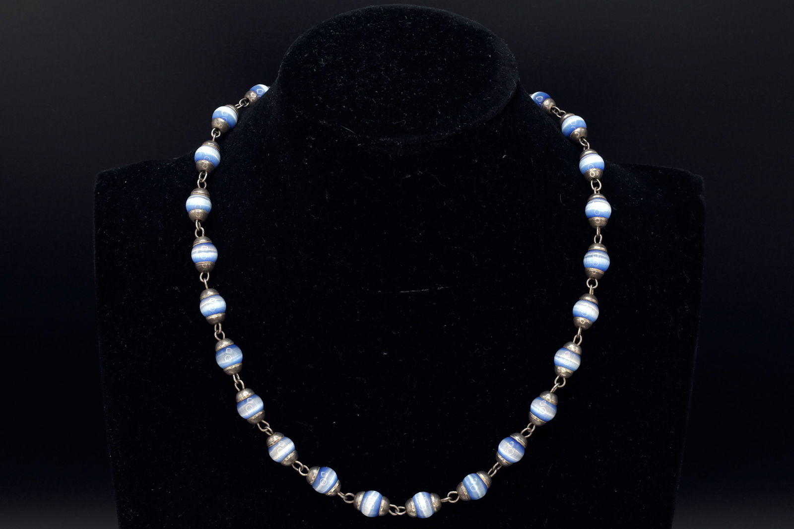 Blue Cats Eye Glass Necklace, 925 Sterling Silver And Round Cap End Capsule Link, Modernist Jewelry (1 of 5)