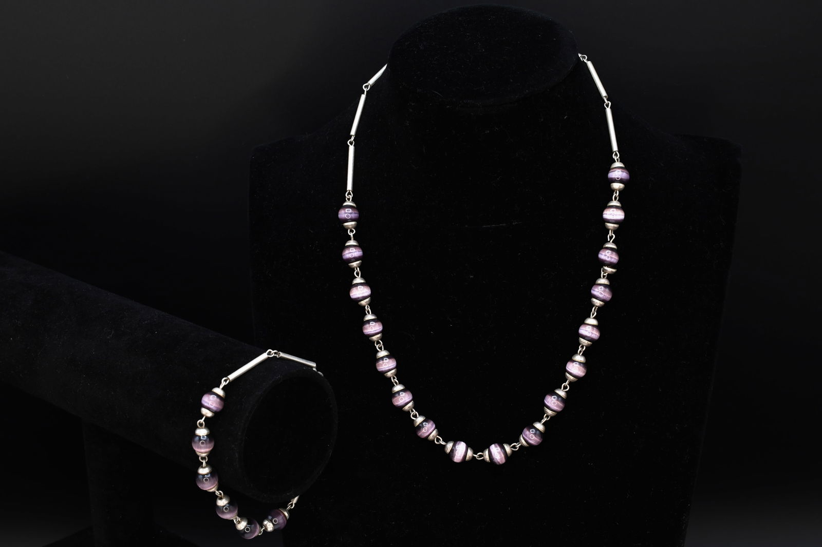 Purple Cats Eye Glass Necklace And Bracelet, 925 Sterling Silver And Round Cap End Capsule Link (1 of 4)
