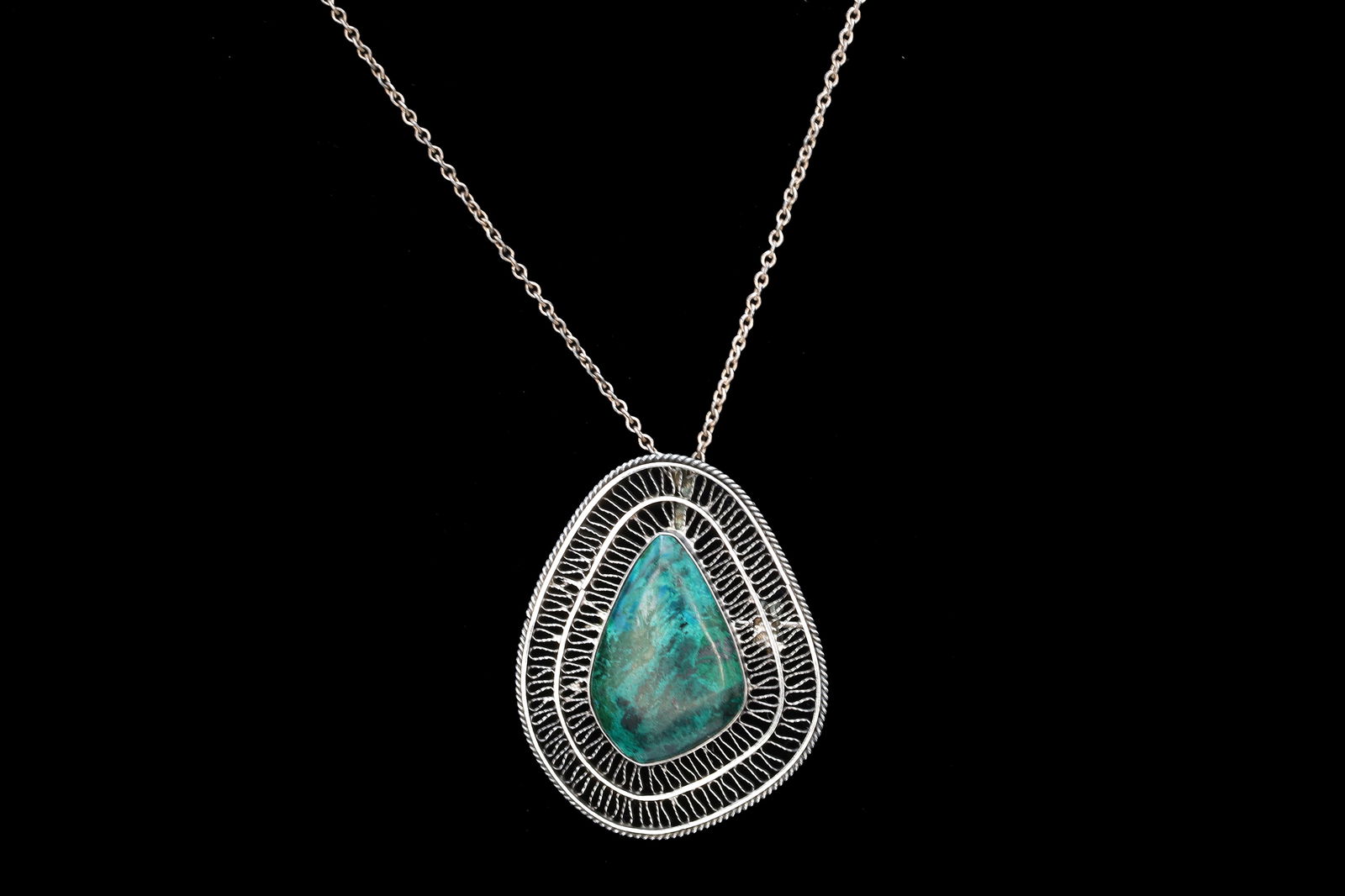 Vintage 1950s Israel Jewelry, 925 Sterling Silver And Eilat Stone Pendant Necklace, Cannetille Work: Dimensions, Chain Length 16 inches, Pendant 1.75 x 1.30 inches. Weight 9.3 grams. All measurements are approximate. Surface Wear And Aging, Patina. Sold as pictured. Vintage 1950s Israel, 925 Sterling