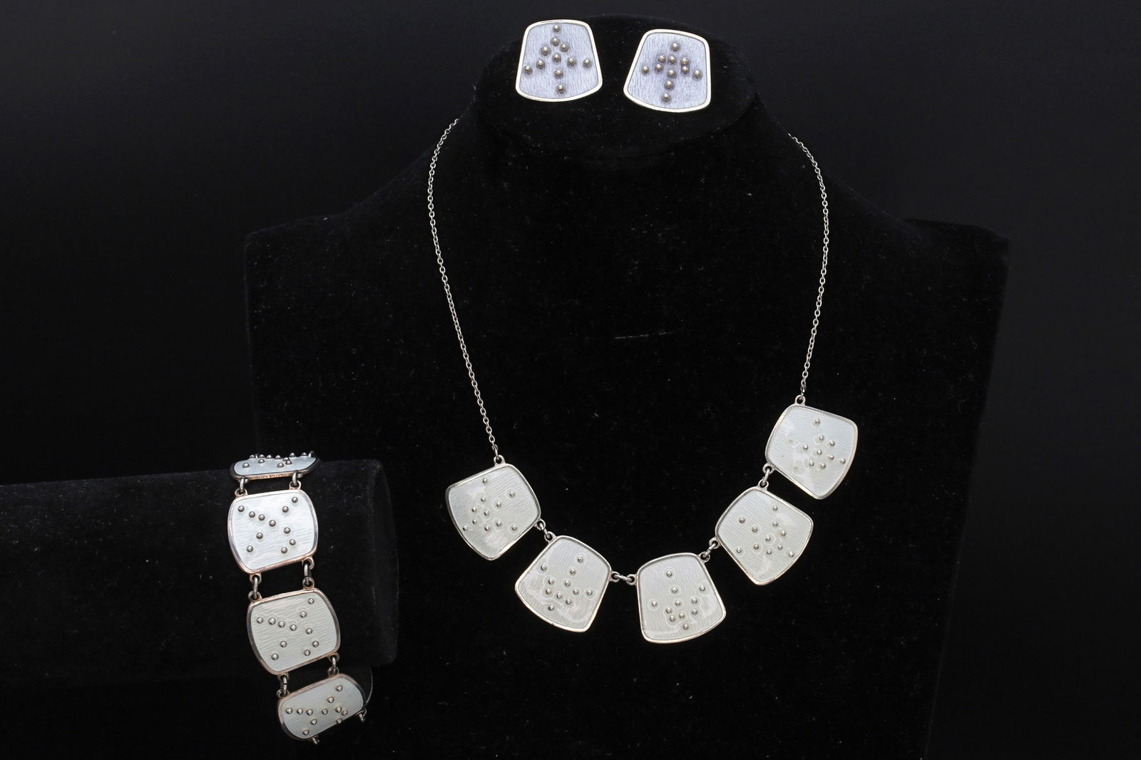 Karl Rasmussen Norway, Vintage Modernist Jewelry Set, White Enamel And Sterling Silver Panel Link (1 of 5)