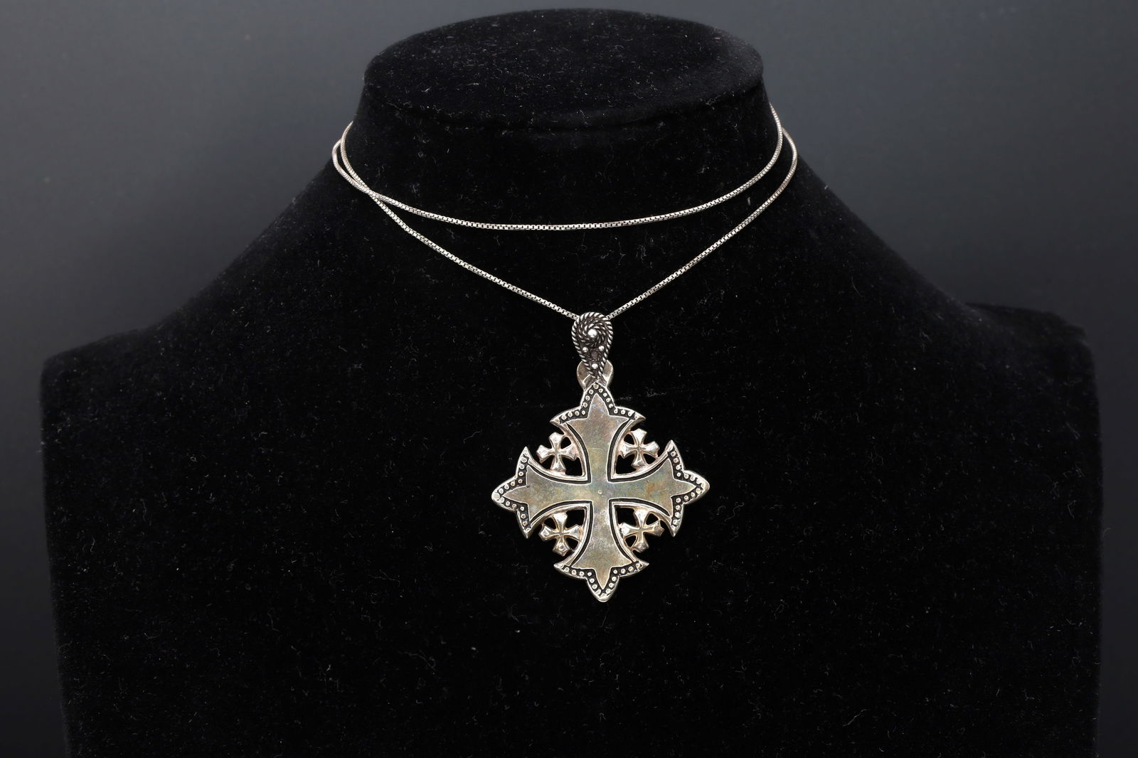 Jerusalem Cross Pendant Necklace, Crusaders Maltese Cross, 900 Silver Jewelry, Holy Land, Israel: Dimensions, Chain Wearable Length 19.75 inches, Pendant 1.75 x 1.5 inches. All measurements are approximate. Surface wear and aging, Patina. Sold as pictured. Jerusalem Cross Pendant Necklace, Crusade