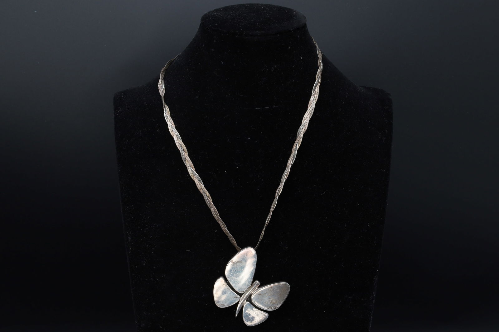 Butterfly Pendant Necklace, Braided Herringbone Chain, Modernist Butterfly Pendant, 925 Sterling (1 of 4)