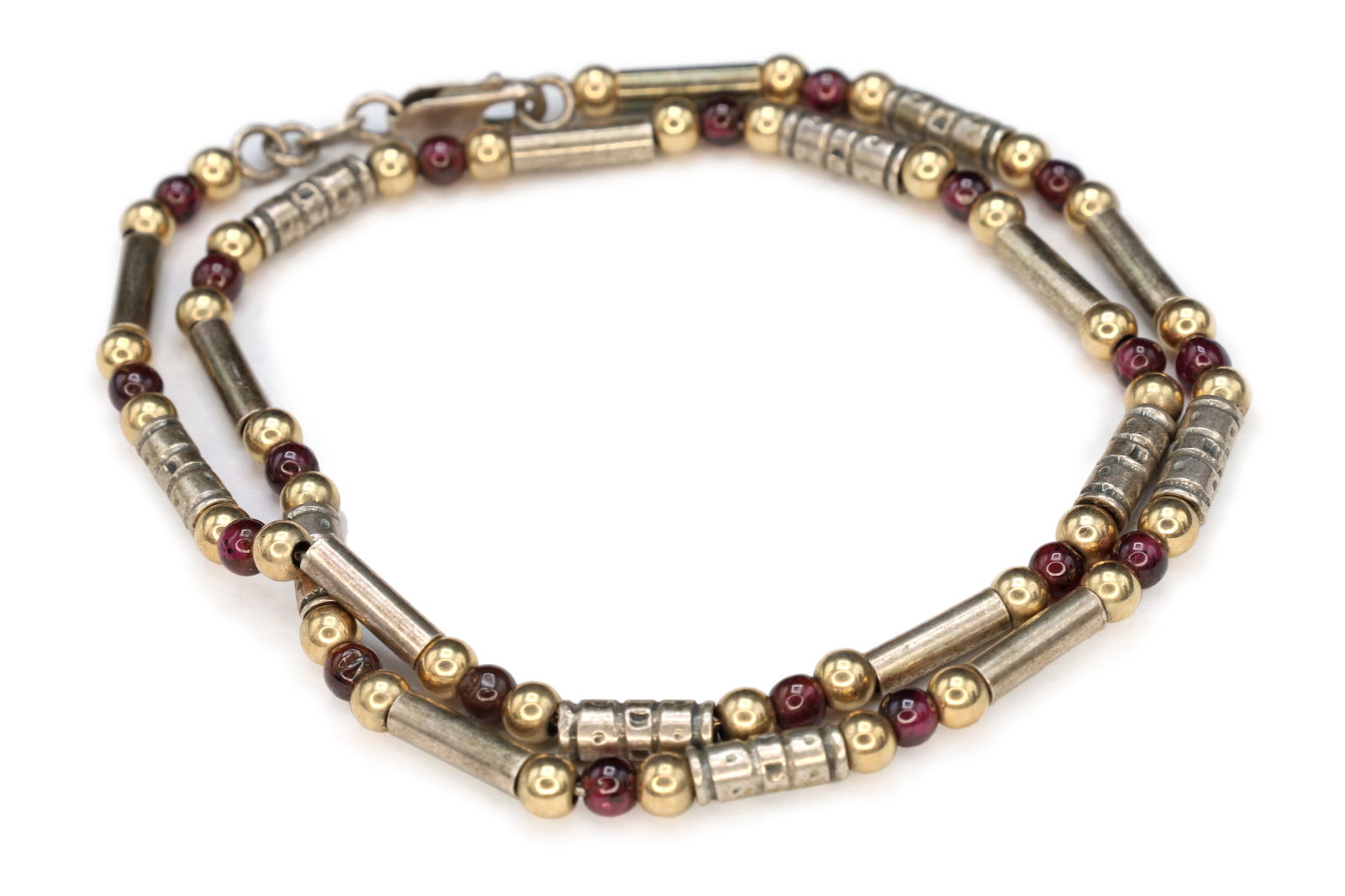 Modernist Bar Ball Chain Necklace, 925 Sterling Silver, Gold Wash And Pink Red Garnet, L 16 inches: Modernist Bar Ball Chain Necklace, 925 Sterling Silver, Gold Wash And Pink Red Garnet, 16 inches Length Specialty Chain, Fashion Link Collar. Weight 13 grams, All measurements are approximate. Retro F