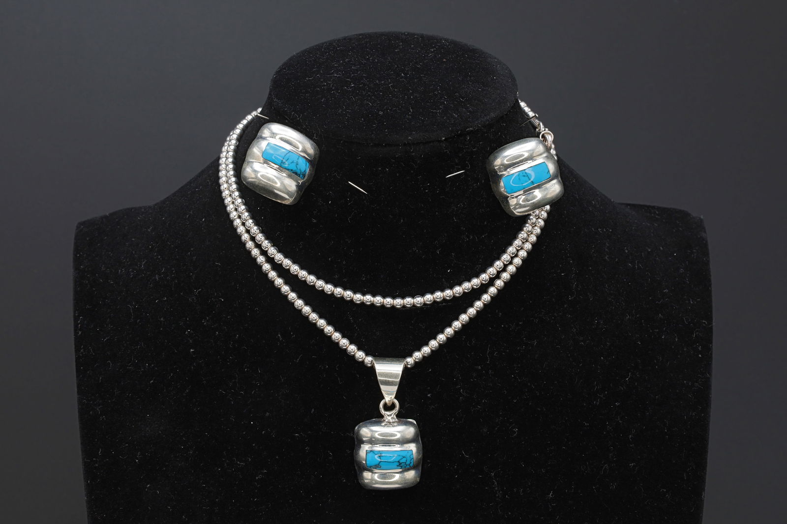 Jewelry Set With Pendant Necklace And Earrings, Art Deco Style Jewelry, Sterling Silver And Blue (1 of 4)