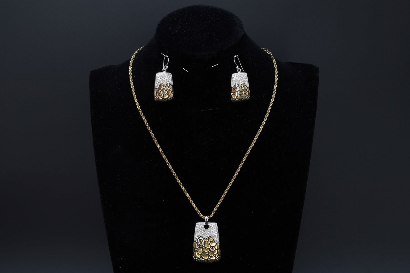 Gold Vermeil Pebble And Zirconia Pendant Necklace And Earrings, Modernist Style Jewelry Set (1 of 4)