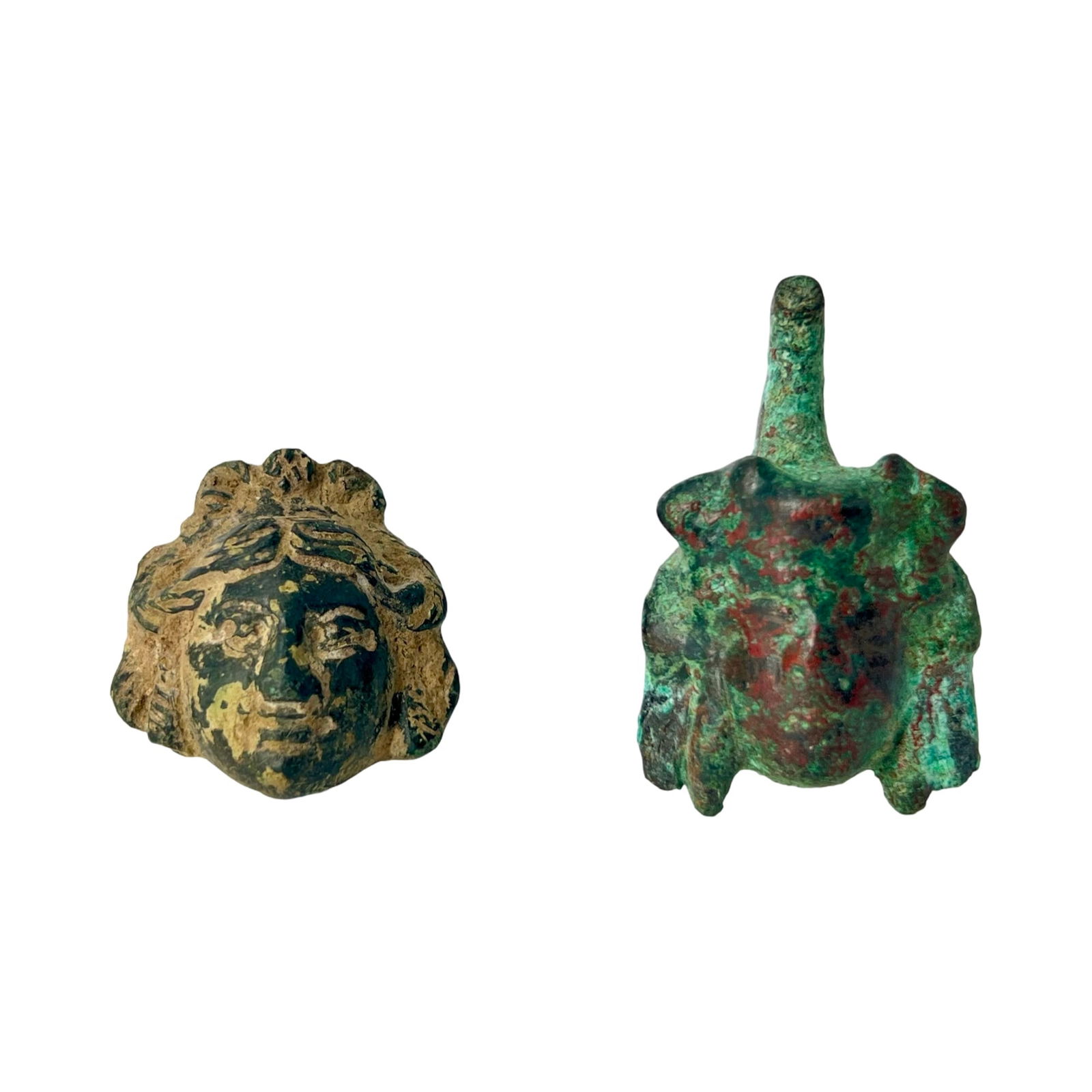 Pair Of Ancient Roman Bronze Face Applique, Ca 3rd Century AD. Antiquities And Collectibles, History: 2 Roman Bronze Face Applique, ca. 200 BCE to 300 CE, his is a bronze face applique with flowing hair that would have been placed as decoration on a bronze vessel, Size: approximately 4cm - 3cm Provena