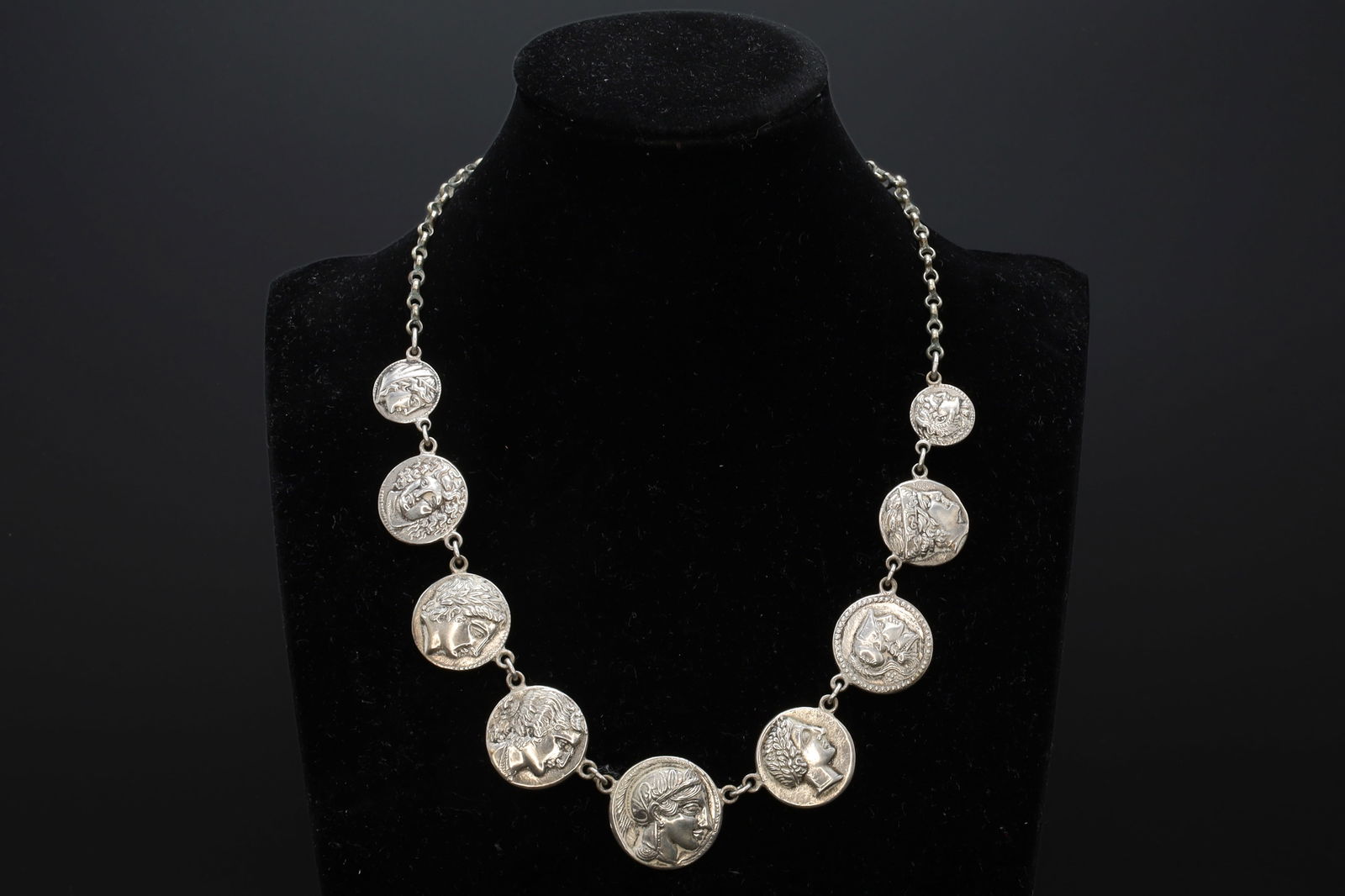 Ancient Greek Coins Necklace, A Vintage 800 Silver Bib Chain Medallion Panel Necklace From Germany (1 of 5)