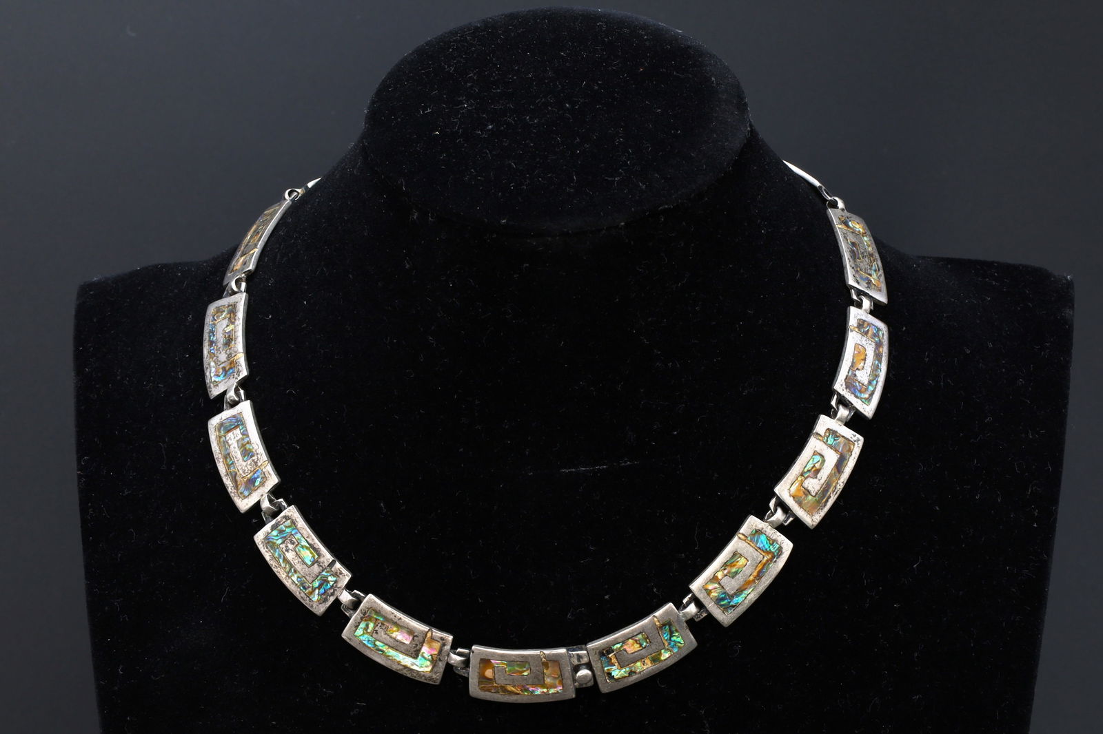 Taxco Mexico, Panel Link Choker Necklace With Aztec Geometric Design, Sterling Silver, Abalone: Dimensions Wearable Length 15 inches, Panel Width 11mm. All measurements are approximate. Normal Surface Wear And Aging. Sold exactly as pictured. Taxco Mexico, Panel Link Choker Necklace With Aztec G