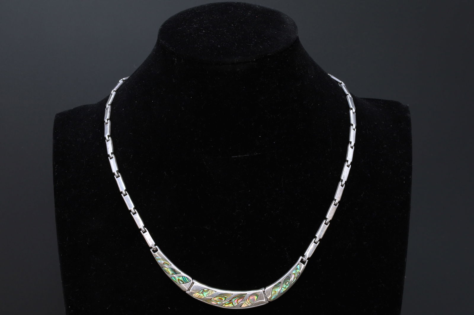 Taxco Mexico, Art Deco Panel Choker Necklace With Aztec Geometric Design, Sterling Silver, Abalone: Dimensions Wearable Length 16.5 inches, Panel Width 9mm. All measurements are approximate. Normal Surface Wear And Aging. Sold exactly as pictured. Taxco Mexico, Graduated Panel Link Choker Necklace W