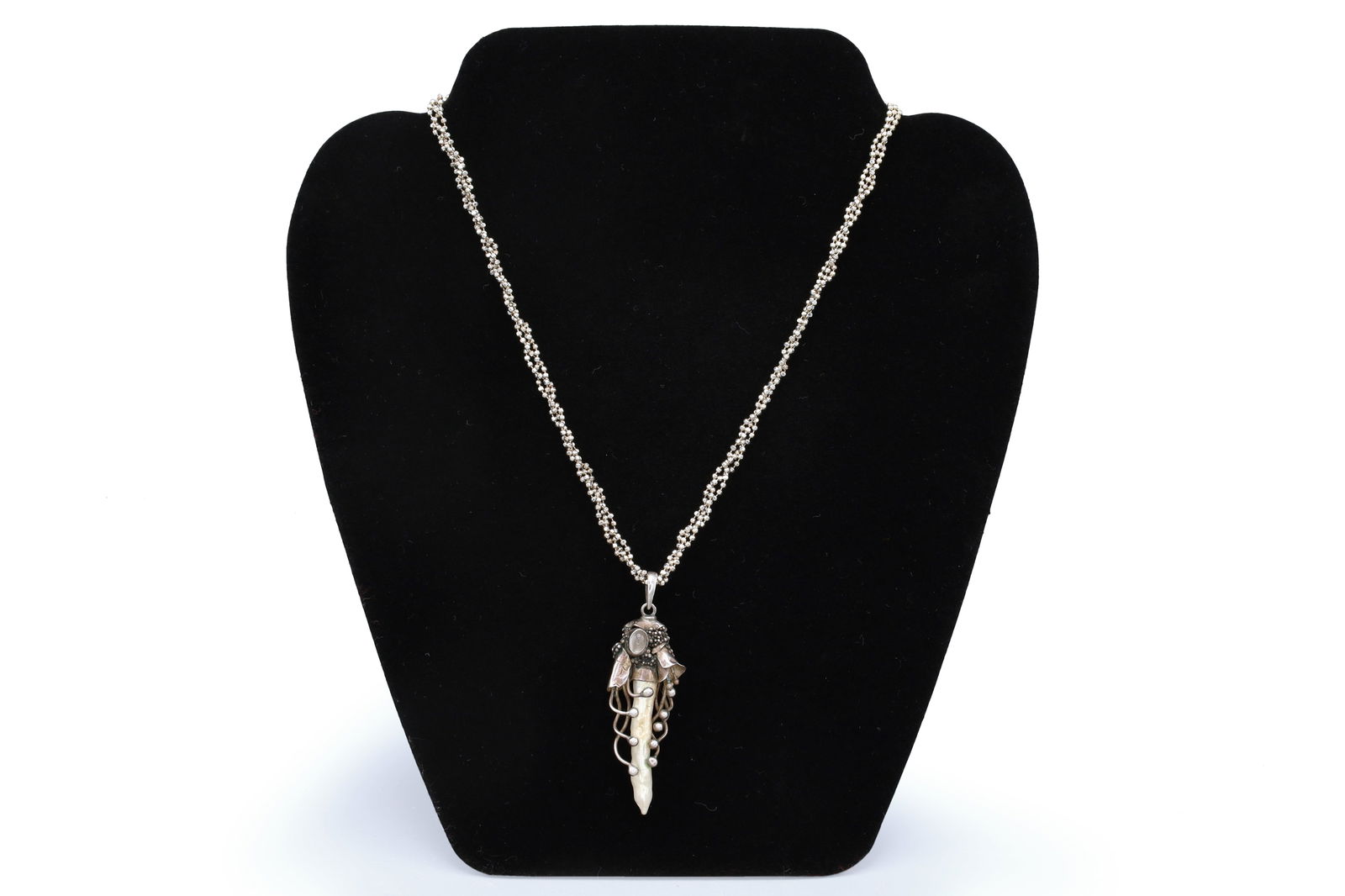 Handmade Artisan Sterling Silver, Pearl And Moonstone Pendant Necklace With Brutalist Floral Design: Dimensions Wearable Length 15.5 inches, Pendant Length 1.85 inches. All Measurements Are Approximate. Handmade Artisan Sterling Silver, Fresh Water Baroque Pearl And Moonstone Cabochon ON A Brutalist