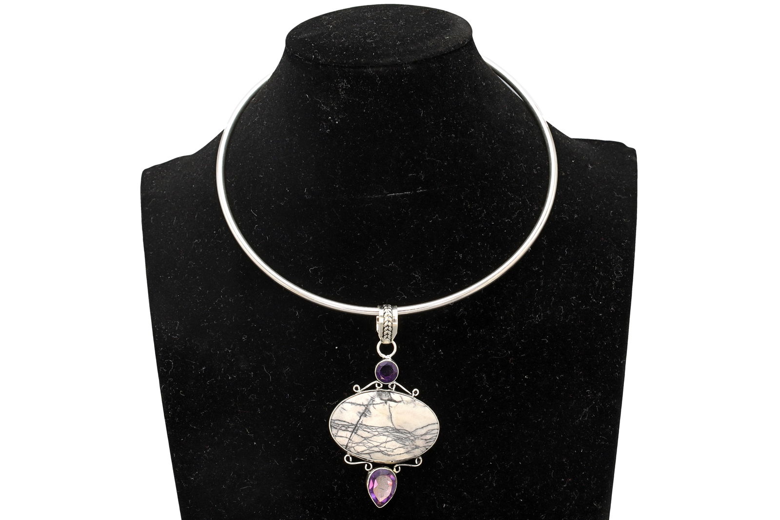Vintage Collar Torc Necklace With A Multistone Pendant, 925 Sterling Silver, Garnet And Amethyst (1 of 5)