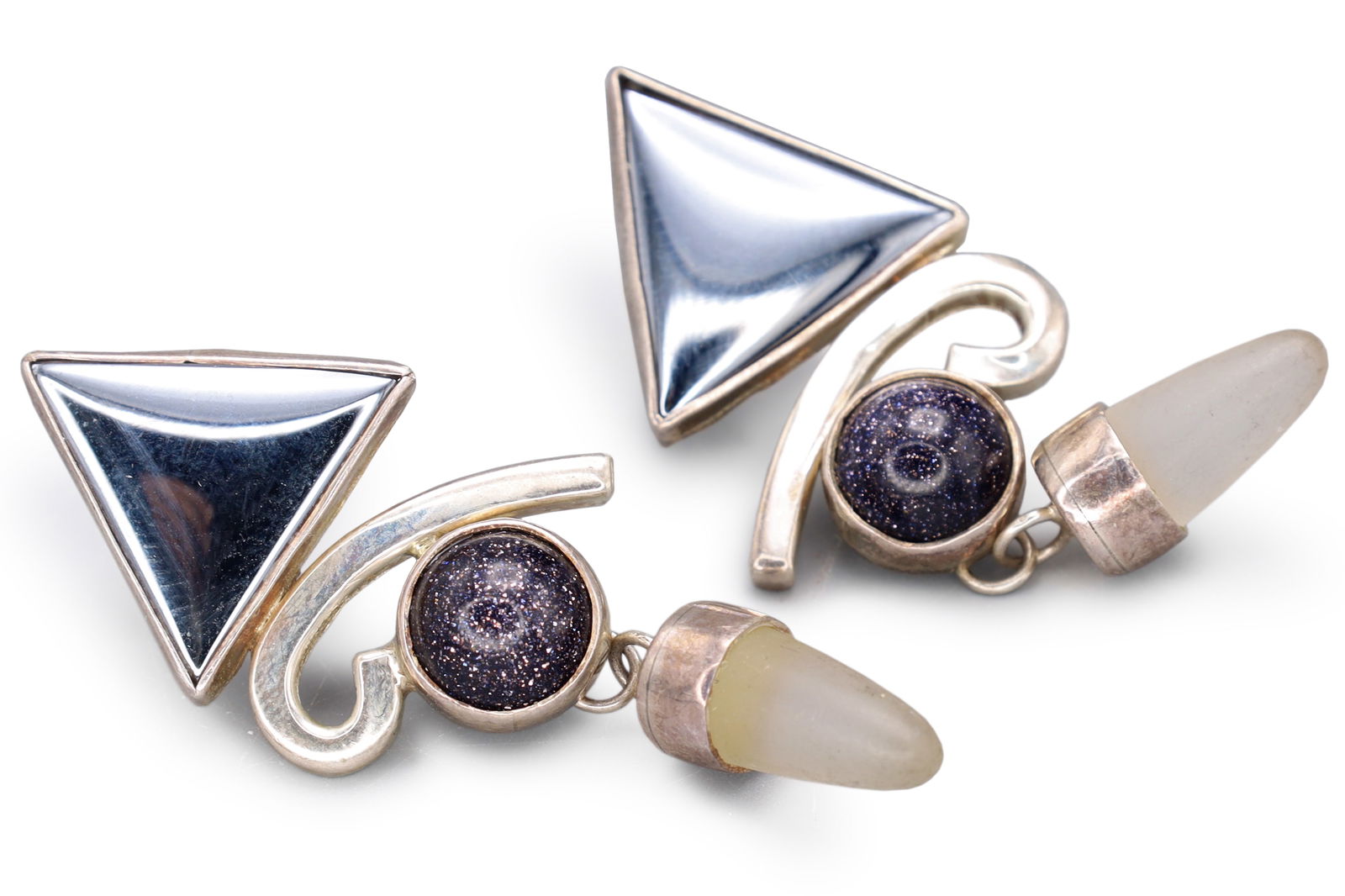 Vintage 1990s Postmodern Jewelry, Dangle Earrings, Sterling Silver, Hematite, Diachronic Glass: Vintage 1980s Postmodern Style Jewelry, Abstract And Geometric Dangle Earrings, Pierced Ears. Fine 925 Sterling Silver, Black Hematite Triangle Cabochon, Diachronic Glass And Quartz Drops. Fashion Acc