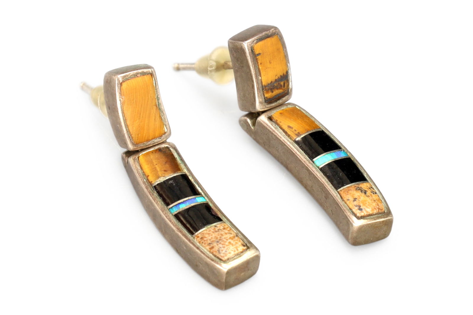 Vintage 1990s Multistone Mosaic Dangle Earrings, Zuni Native American Style Jewelry, 925 Sterling: Vintage 1990s Multistone Inlaid Mosaic Dangle Earrings With Hinged Panels. Southwestern Zuni Native American Style Jewelry, Americana Fashion Accessories. Fine 925 Sterling Silver, Opal, Jasper, Onyx.