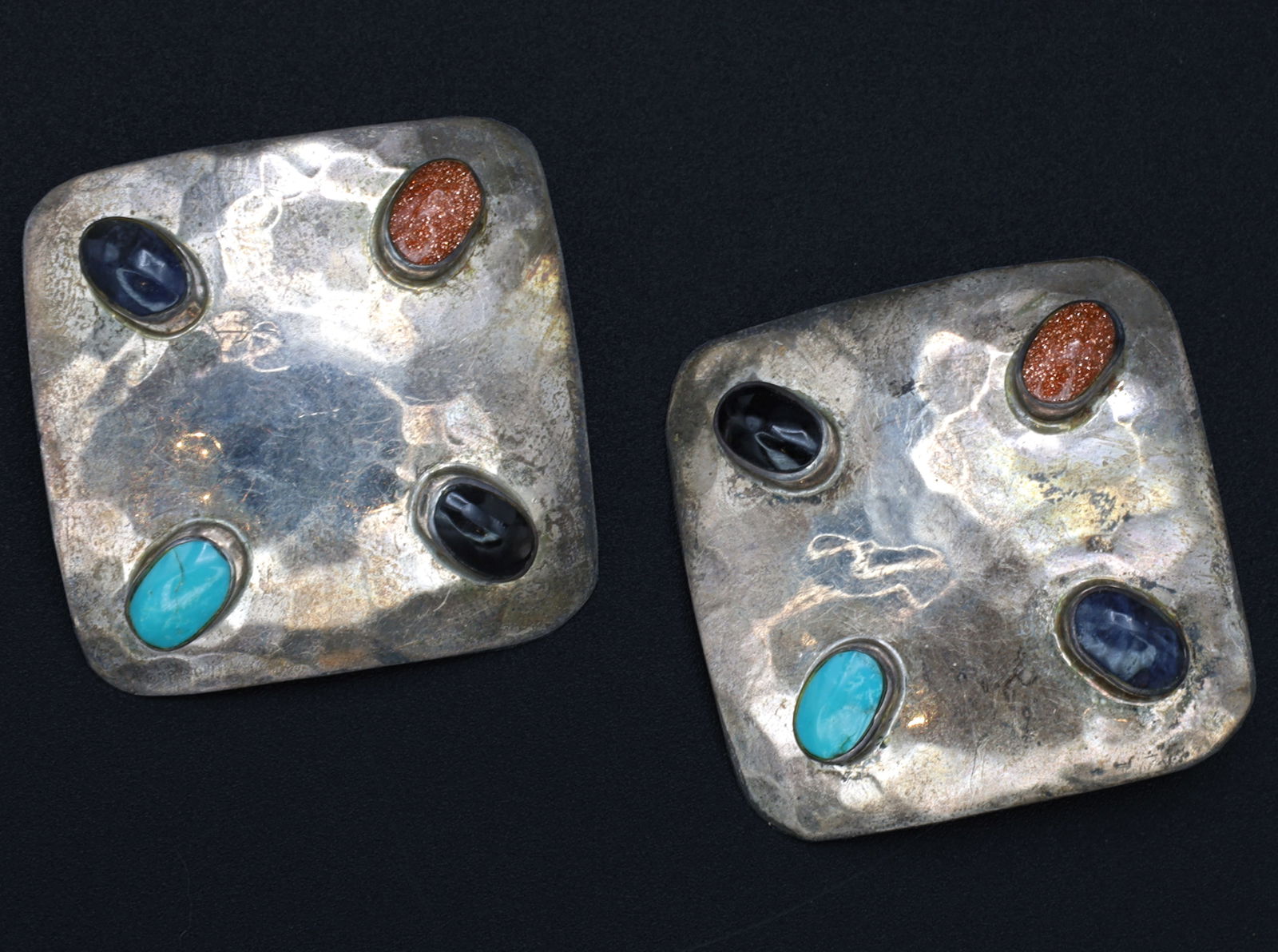 Vintage Taxco Mexico Jewelry, Modernist Earrings Made With 925 Sterling Silver And 8 Gemstones: Dimensions 1.25 inches per side. Weight 17.9 grams. All measurements are approximate. Surface wear and aging, Patina, Sold as pictured. Vintage Mexican Jewelry. Modernist Style Earrings Made With 925