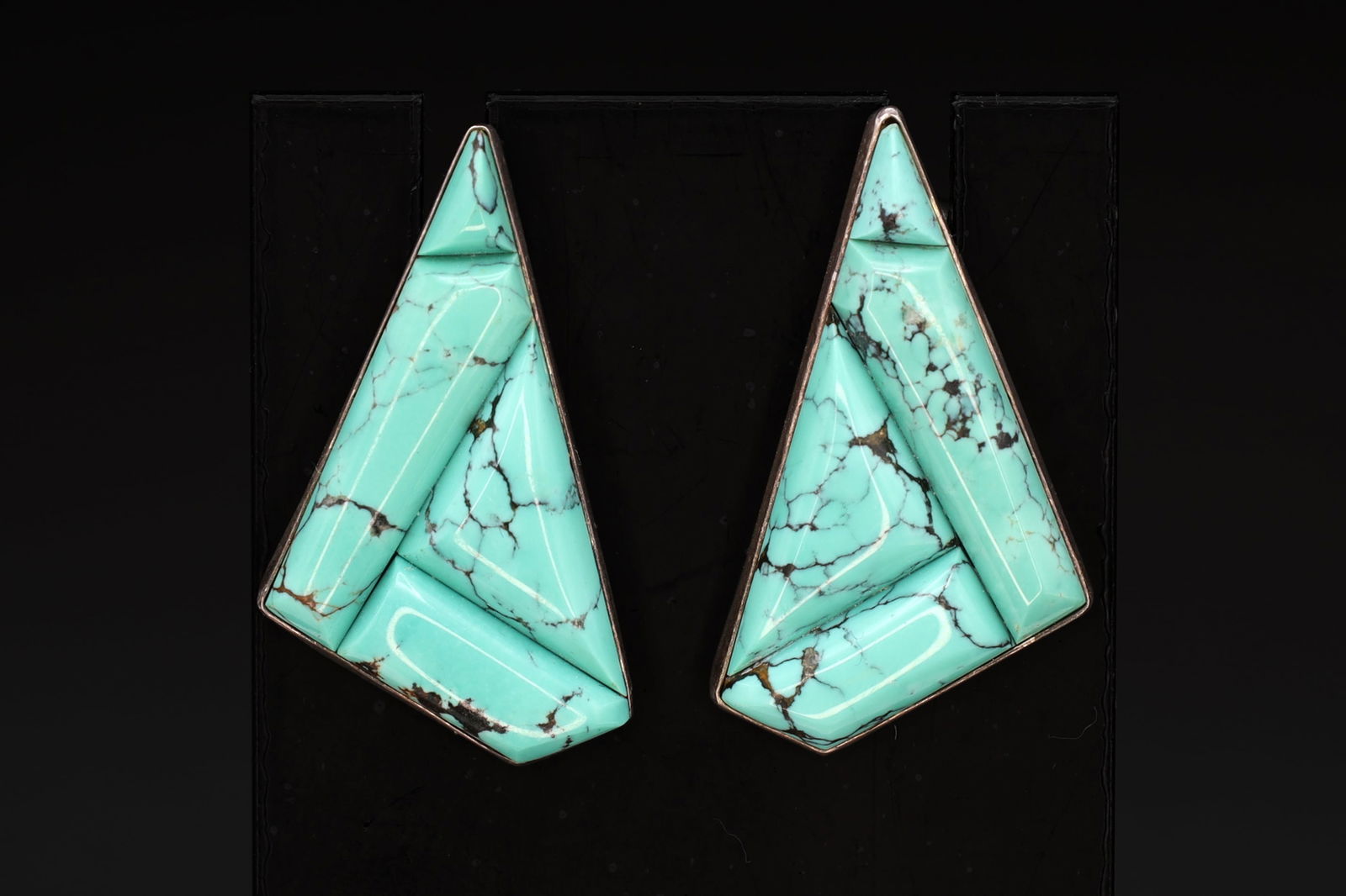 Blue Turquoise Mosaic And 925 Silver Stud Earrings By Desert Rose, Design Of Jay King, Southwestern: Vintage Jewelry By American Brands And Designers, A Natural Blue Turquoise Inlaid In A Pattern Of A Mosaic And 925 Sterling Silver Settings, Geometric Design, A Luxurious And Large Stud Earrings By De