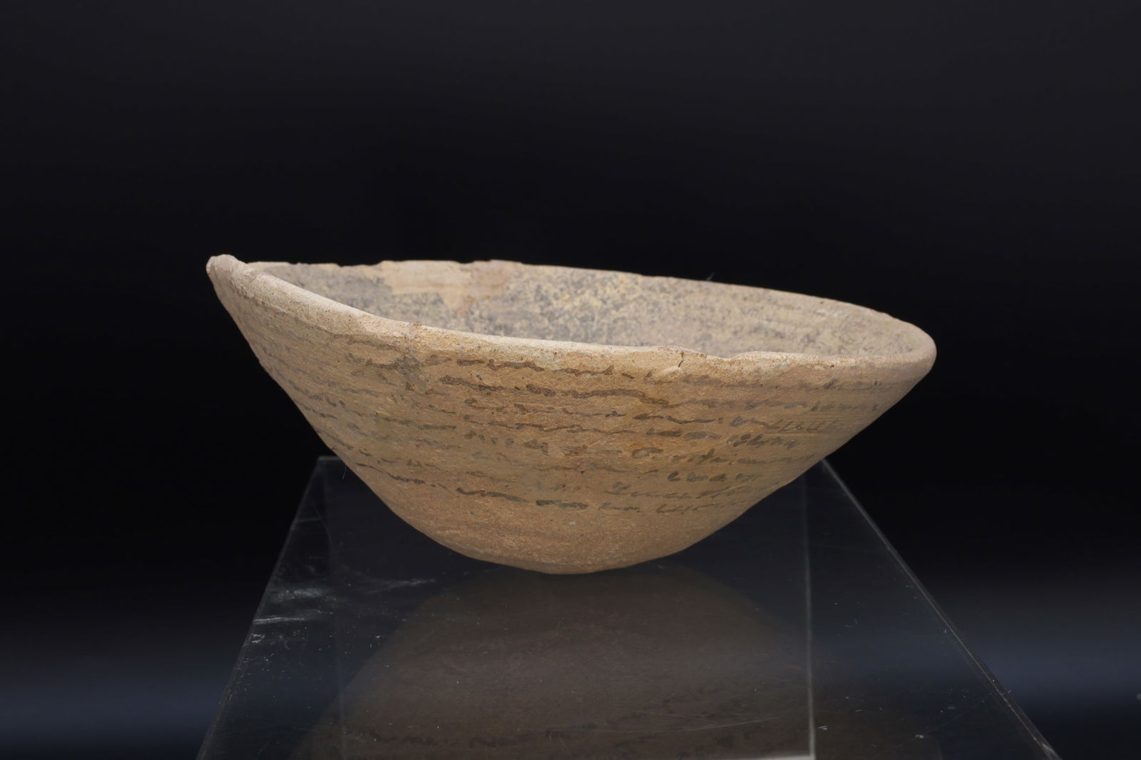 Ancient 6th Century AD Mesopotamian Incantation Bowls, Terracotta Shallow Magic Tools, Middle East: Dimensions, Diameter 6.5 inches, Maximum Heigth 3 inches. All measurements are approximate. Provenance: From the collection of a London gentleman; formerly acquired in early 2000s in Japan; previously