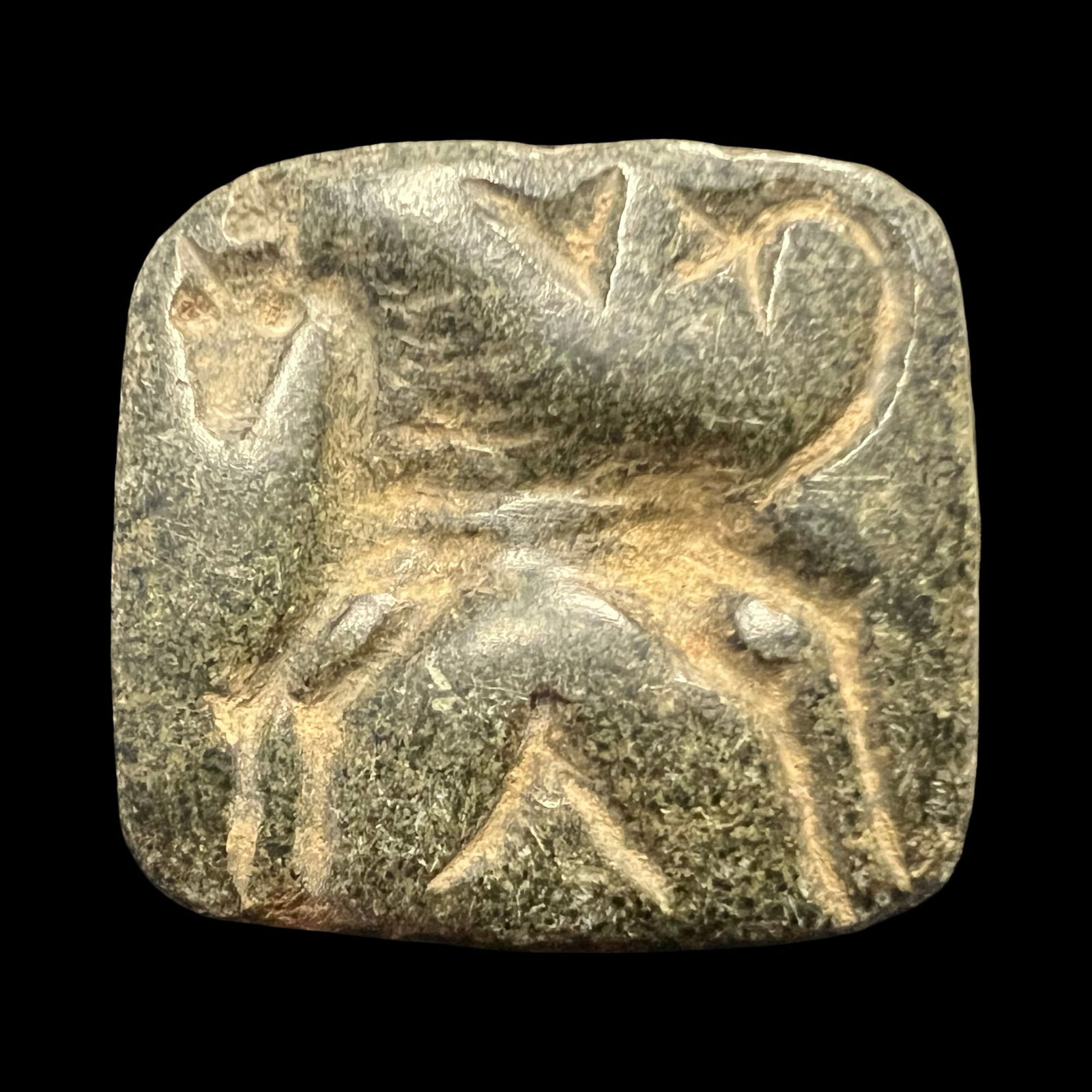 Near eastern Assyrian Black Stone Stamp Seal.: Near eastern Assyrian Black Stone Stamp Seal, c. 8th - 7th Century BC, A rectangular black stone seal with an incised motif on its face depicting a horse , On the back of the seal is a slightly raised
