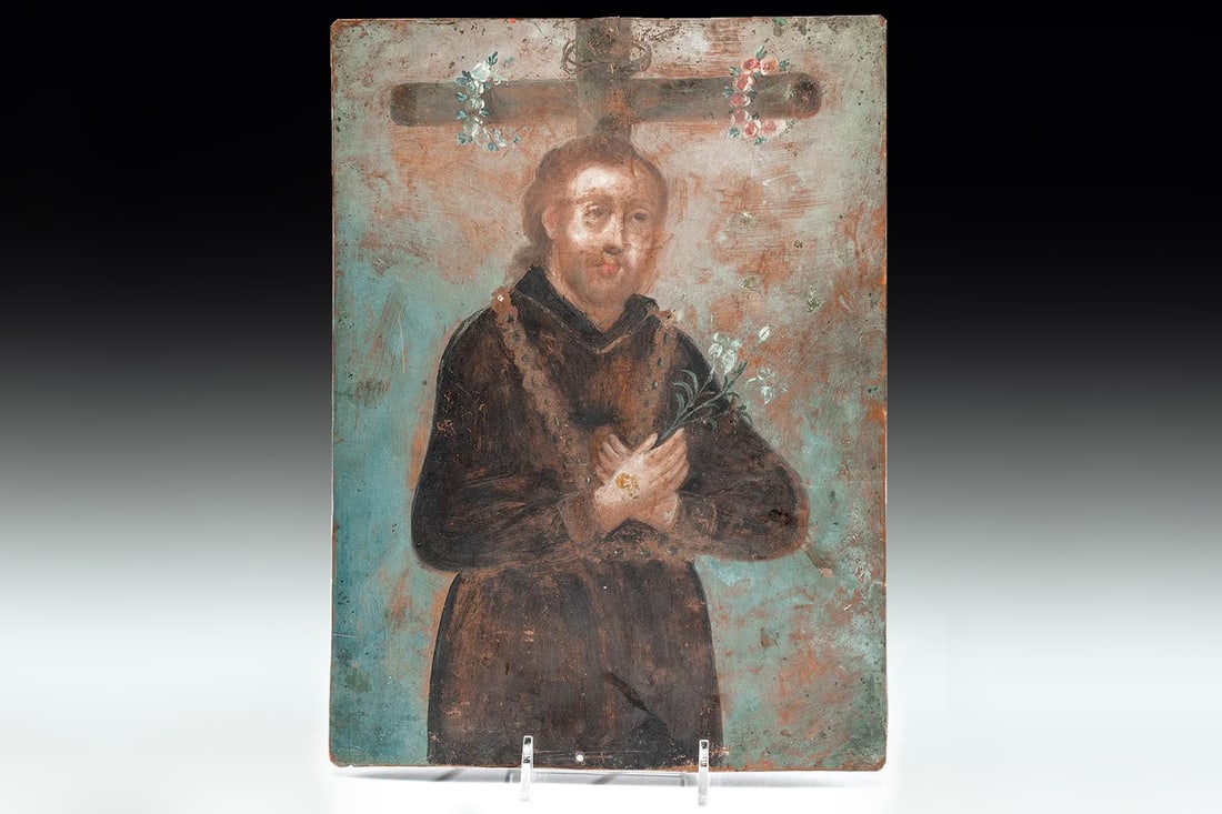 Late 19th Century Catholic Icon Of Saint Cajetan, Mexico Votive Religious Art Painting On Metal (1 of 3)
