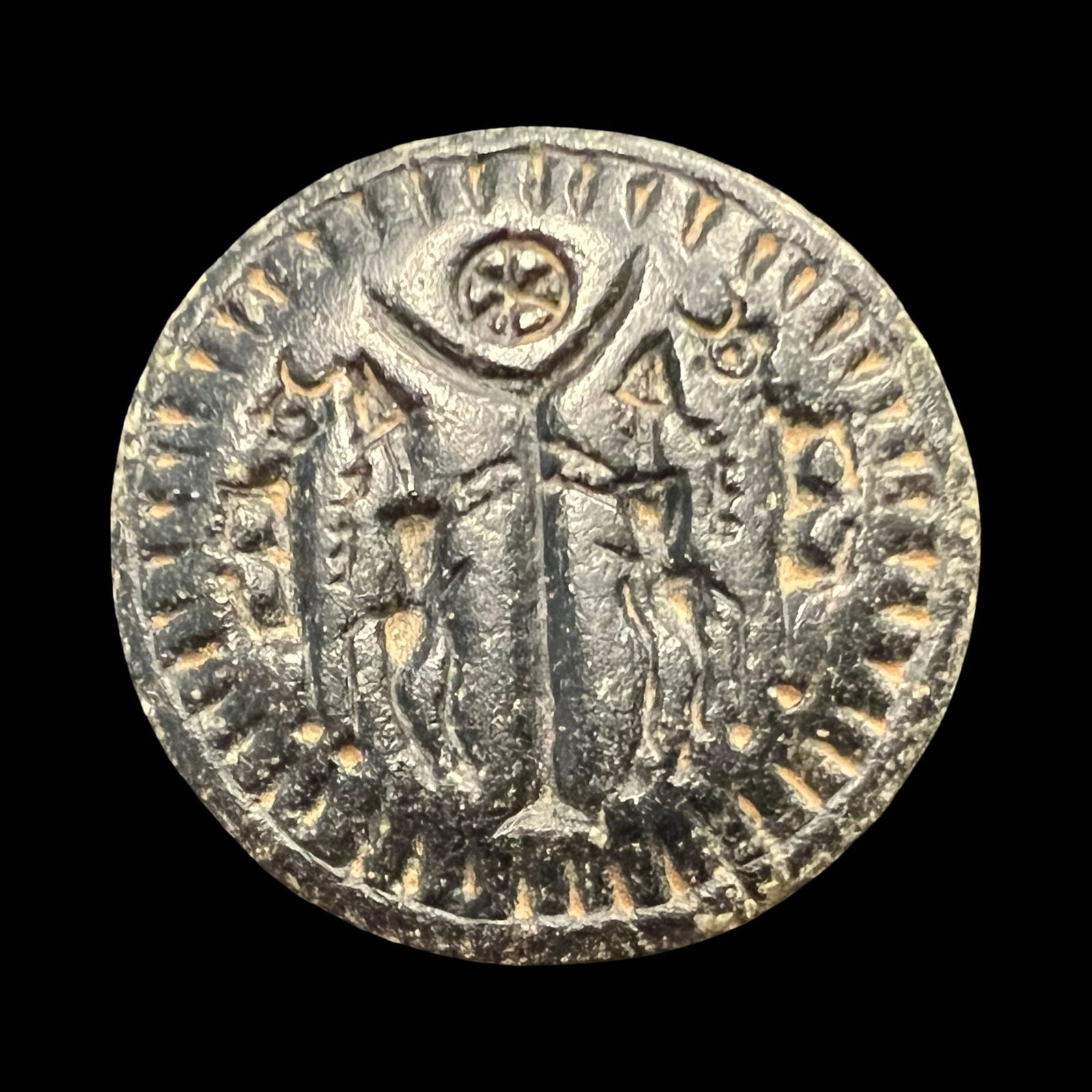 Near eastern Sassanian Stone Stamp Seal.: Near eastern Sasanian Stone Stamp Seal ca. 224 to 651 CE. An interesting stone seal bead , drilled with a suspension hole for wearing as a bead or pendant. Size: 3.5 cm diameter Provenance:Ex Private