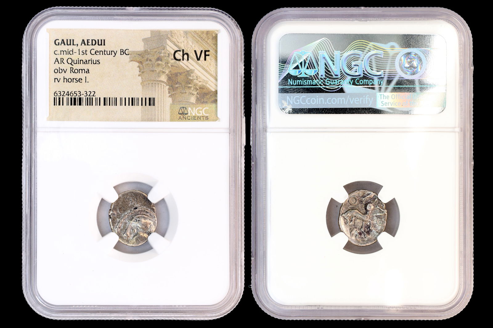 Gallia Celtica, Aedui Gaul Mid Of The 1st Century BCE, AR Quinarius Silver Coin Ch Vf Certified NGC: Gallia Celtica, Aedui Gaul Mid Of The 1st Century BCE, AR Quinarius Silver Coin Ch Vf Certified In NGC Case, Helmeted Head Of Roma Facing Left And Excentric, Horse Galloping Running To The Left. NOTES