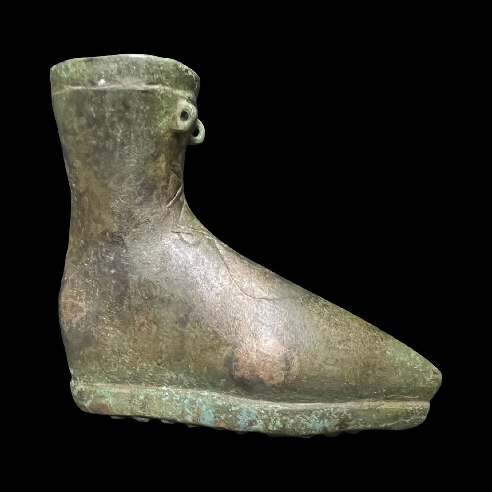 Roman Bronze Balsamarium in the form of a Boot.: Roman Bronze Balsamarium in the form of a Boot, Circa 4th-6th Century A.D. Bronze balsamarium in shape of a shoe (calceus). With parts of the hanging. Late Antique - Early Byzantine, Eastern