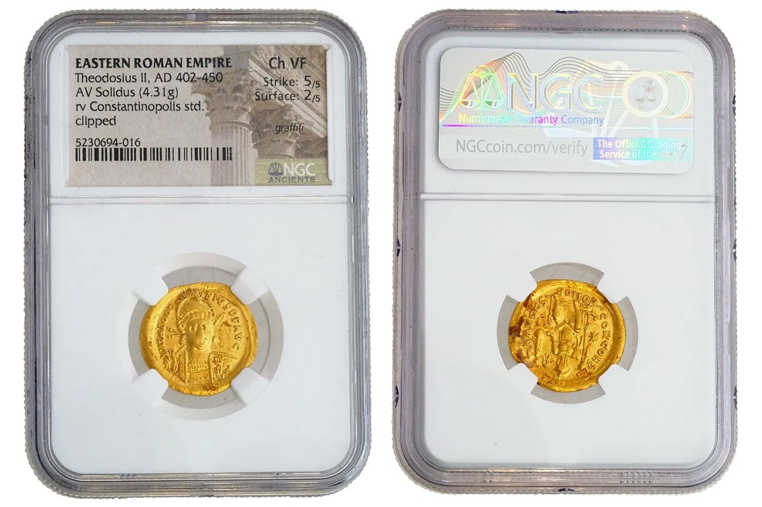 AV Solidus Gold Coin Ch VF, NGC Ancients, Emperor Theodosius II, Eastern Roman Empire (1 of 7)