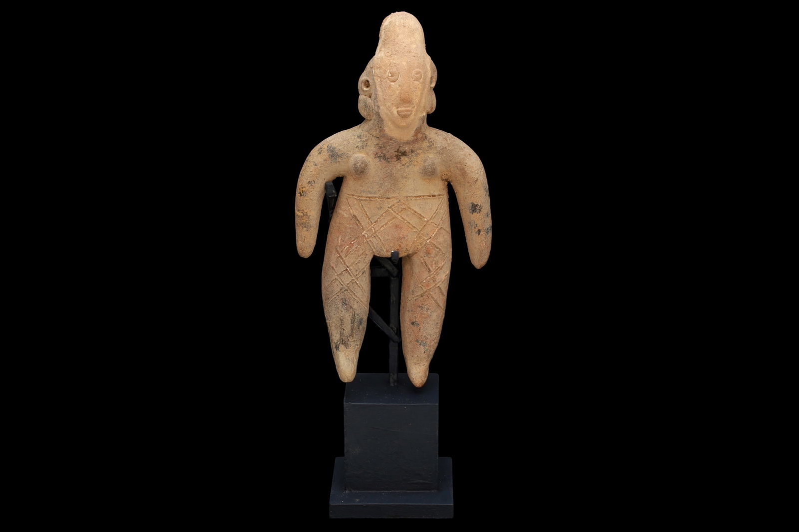 Ancient Pre Columbian Colima Pottery Standing Female Figure, Full Body Idol, Circa 100 BCE Mexico: Dimensions Height 5.25 inches. All Measurements Are Approximate. Condition, Antique. Refer to photos and description. Multiple Repairs And Material Loss As Pictured. Sold as is. Ancient Pre-Columbian