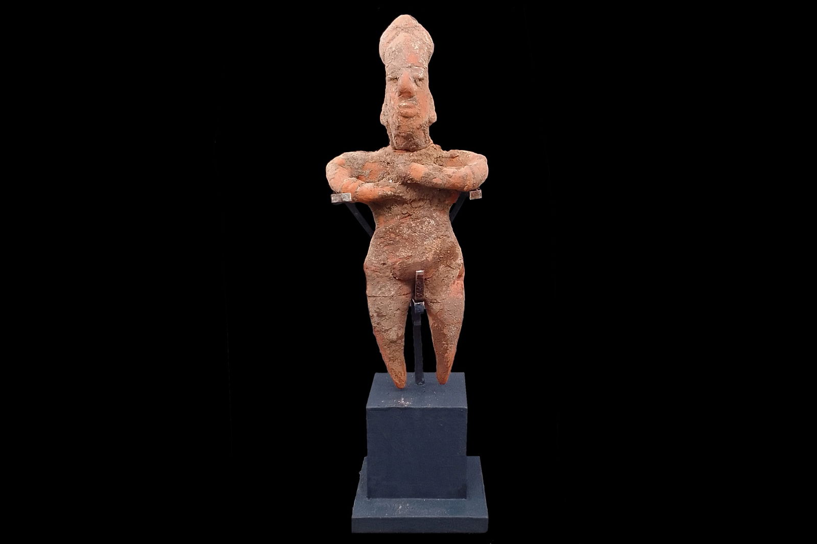 Ancient Pre Columbian Colima Pottery Standing Male Figure, Full Body Idol Dated Circa 100 BC Mexico: Dimensions Height 5.5 inches. All Measurements Are Approximate. Condition, Antique. Refer to photos and description. Multiple Repairs And Loss Of Mass, As Pictured. Sold as is. // Ancient Pre Columbia