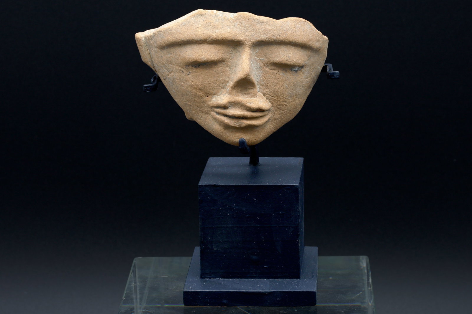 Ancient Huastec Head Figure Probably With Mask On, Circa 500 AD Panuco River, Veracruz Mexico: Dimensions Height 1.75 inches, Width 2.5 inches. All Measurements Are Approximate. Condition, Antique. Refer to photos and description. // Ancient Huastec Head Figure Probably With Mask On (notice the