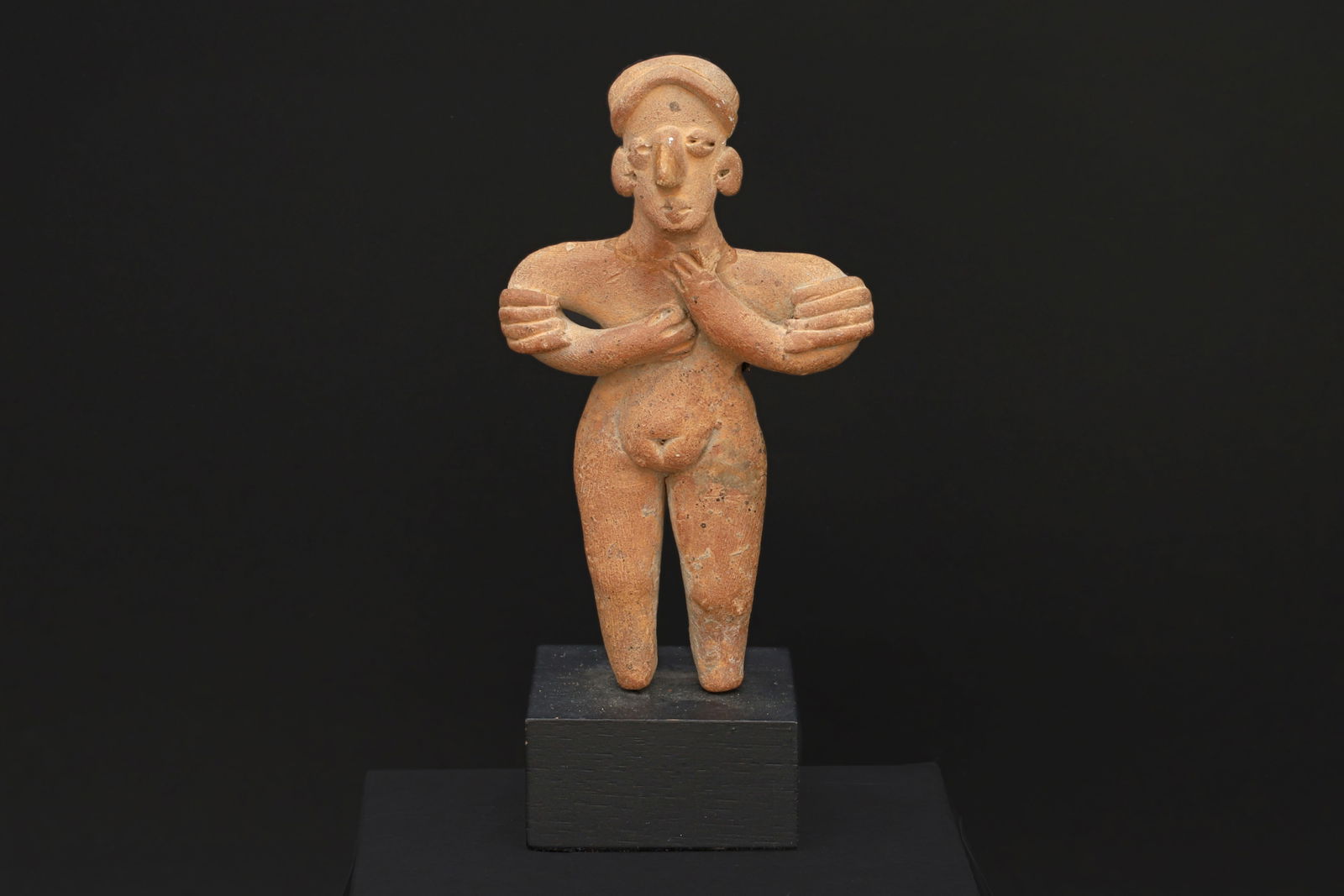 Ancient Pre-Columbian Colima Pottery Standing Female Figure, Full Body Idol, Dated 100 BCE To 250 AD: Dimensions Height 4.5 inches. All Measurements Are Approximate. Condition, Antique. Refer to photos and description. Repairs And Loss As Pictured. Sold as is. // Ancient Pre Columbian Colima Pottery S