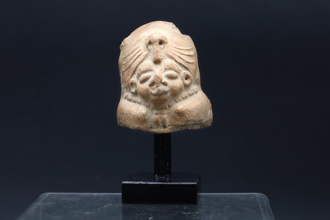 Mayan Warrior With Jaguar Headdress, Pre-Columbian Ceramic Rattle Late Classic Period 6th Century AD: Dimensions, Total Height 4 inches, Figure Height 2.35 inches, All measurements are approximate. A Rare Pre-Columbian Ceramic Rattle, Warrior With Jaguar Headdress, Mayan, Late Classic Period, 6th To 8