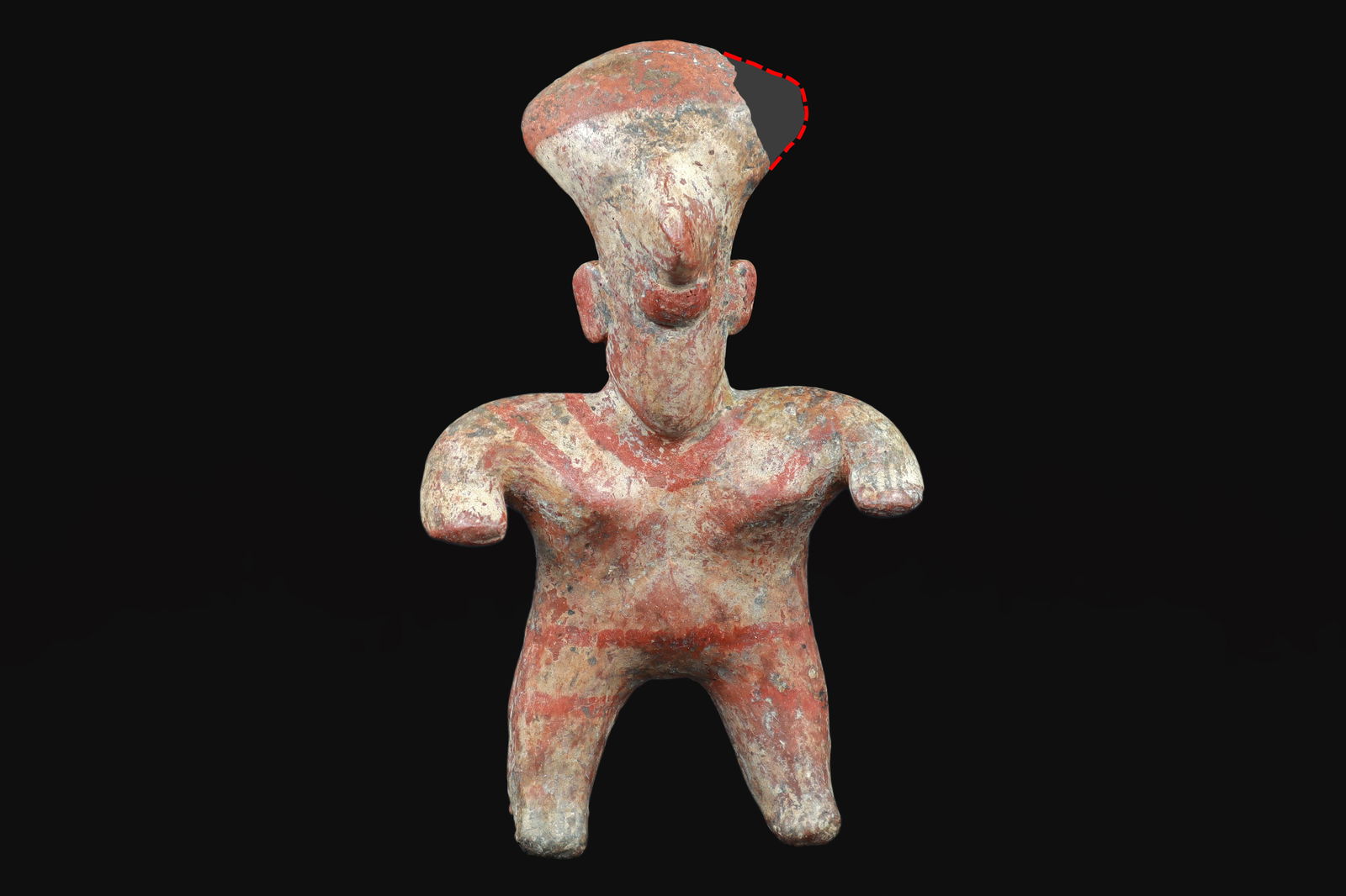 Ancient Pre Columbian Nayarit Pottery Art, Full Body Female Figure, Chinesco Type 300 BCE to 300 AD: Dimensions, 5.25 x 3.255 x 1.125 inches, All measurements are approximate. Normal surface wear and aging, broken upper left corner of the head. Provenance: ex-private Los Angeles, California, USA coll